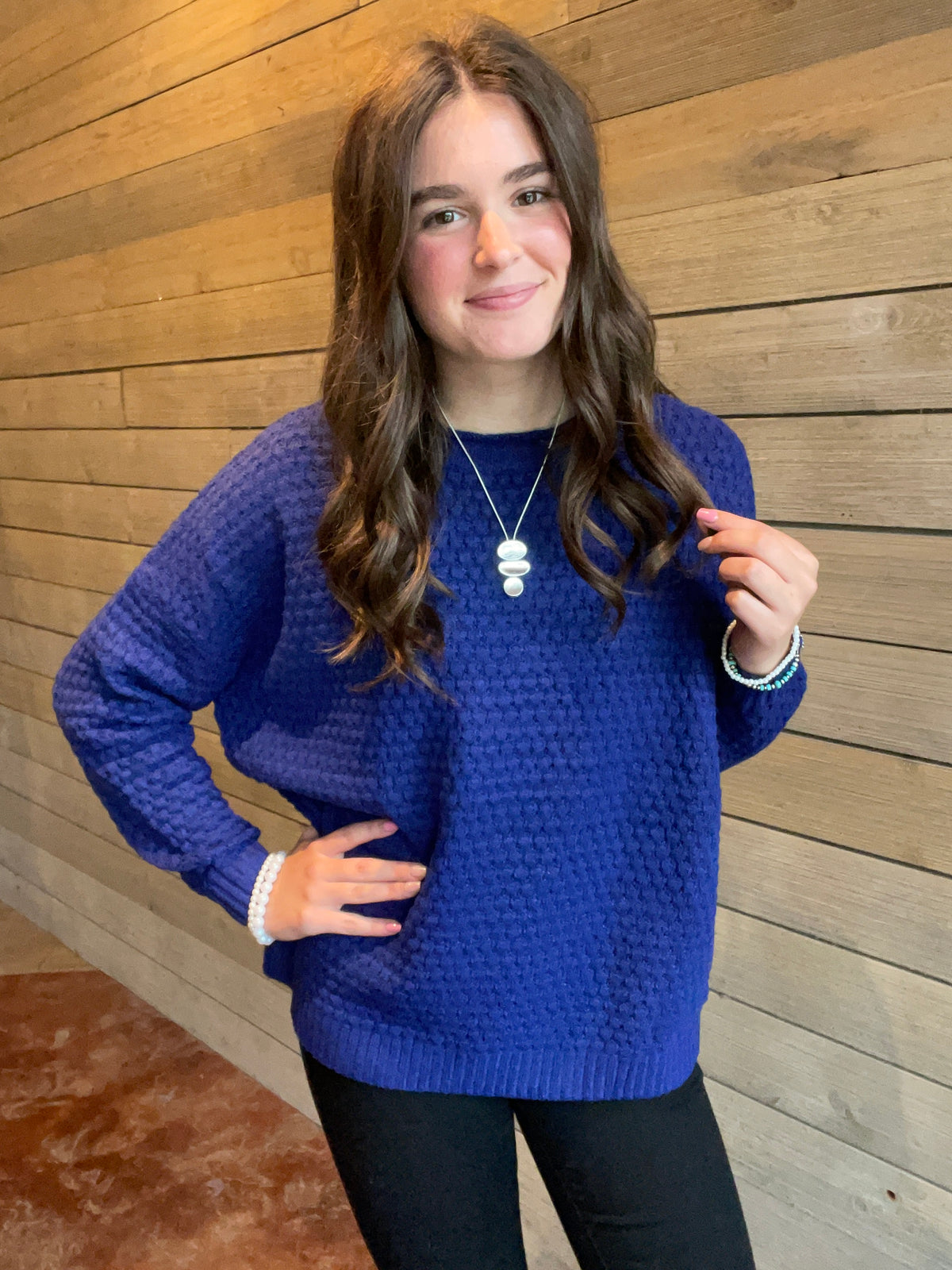 BLUE Crew Neck Long Sleeve Honeycomb Waffle Textured Pullover Sweater