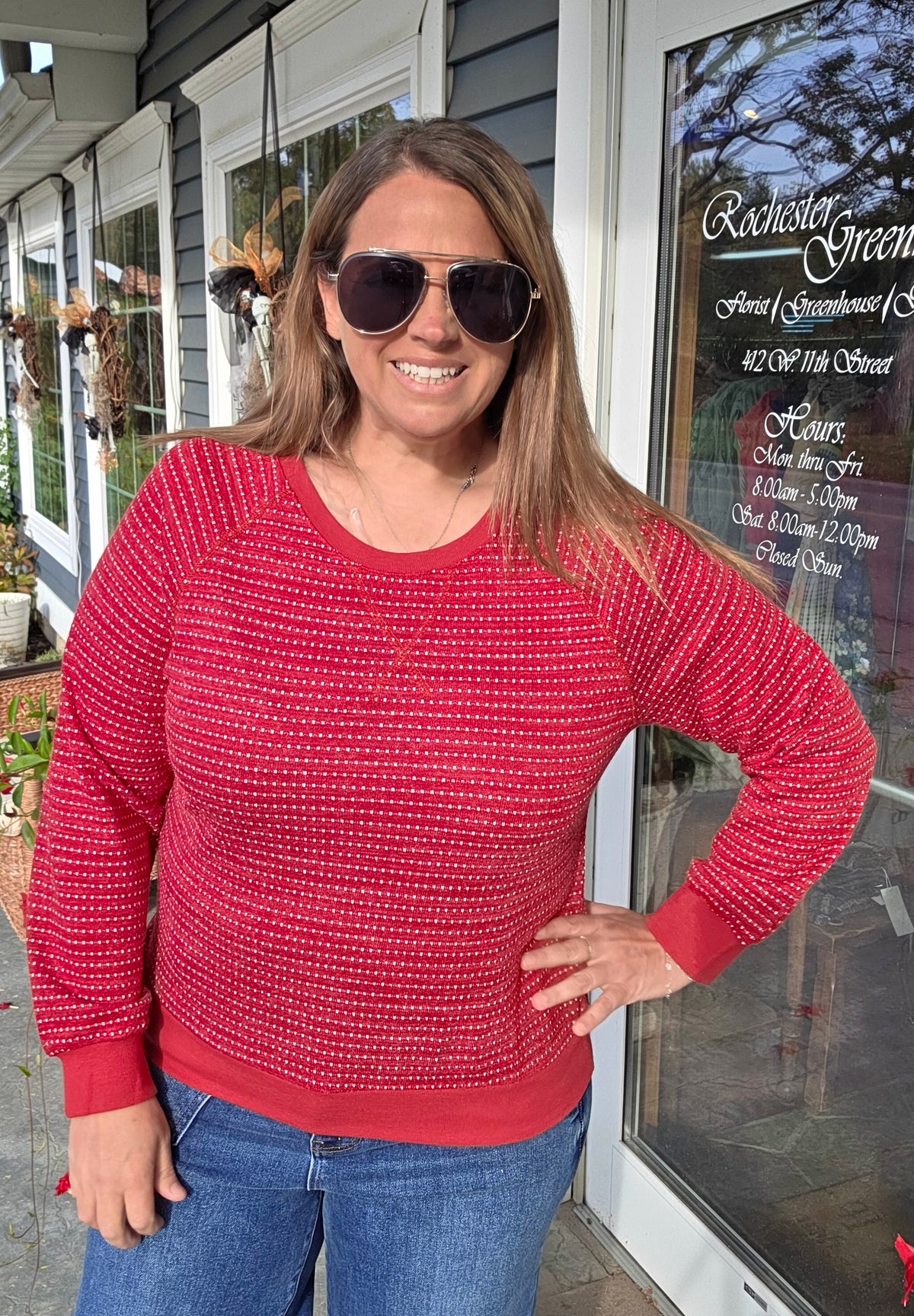Red Crew Neck Raglan Sleeve Novelty Knit Top