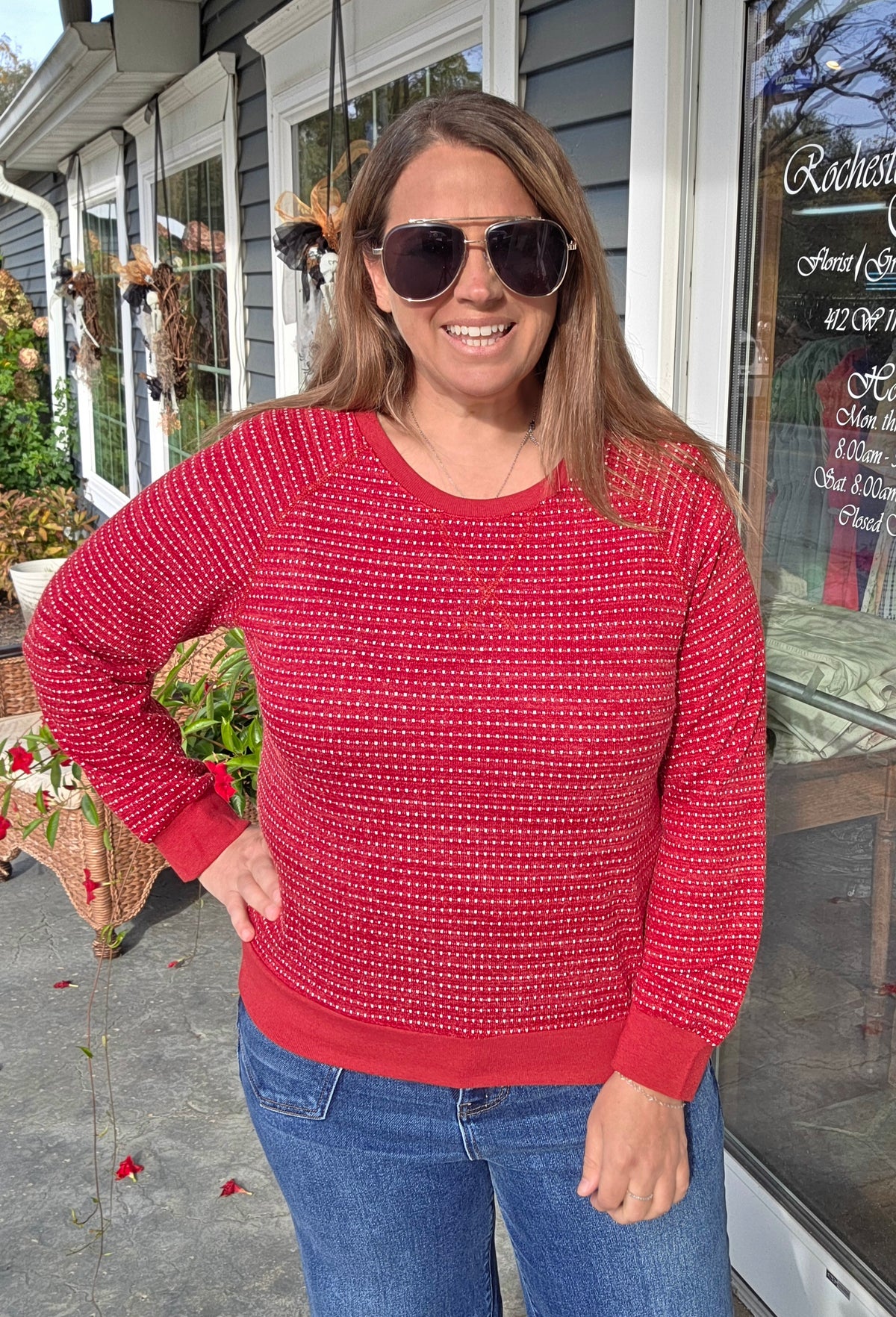 Red Crew Neck Raglan Sleeve Novelty Knit Top