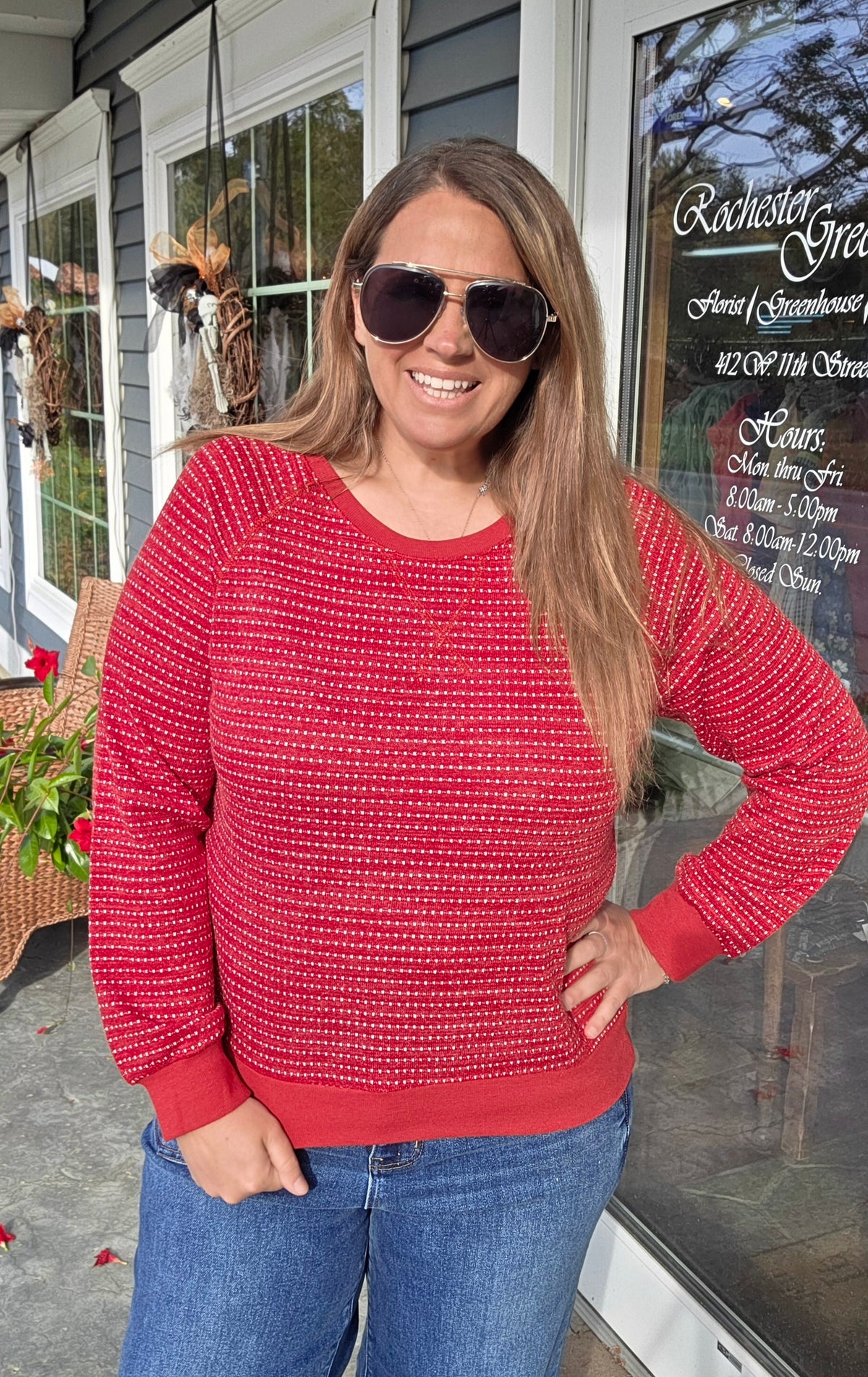 Red Crew Neck Raglan Sleeve Novelty Knit Top