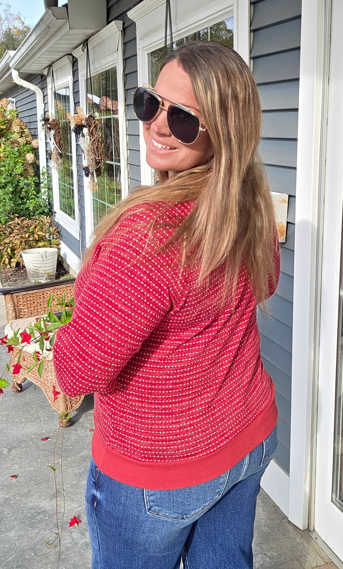 Red Crew Neck Raglan Sleeve Novelty Knit Top