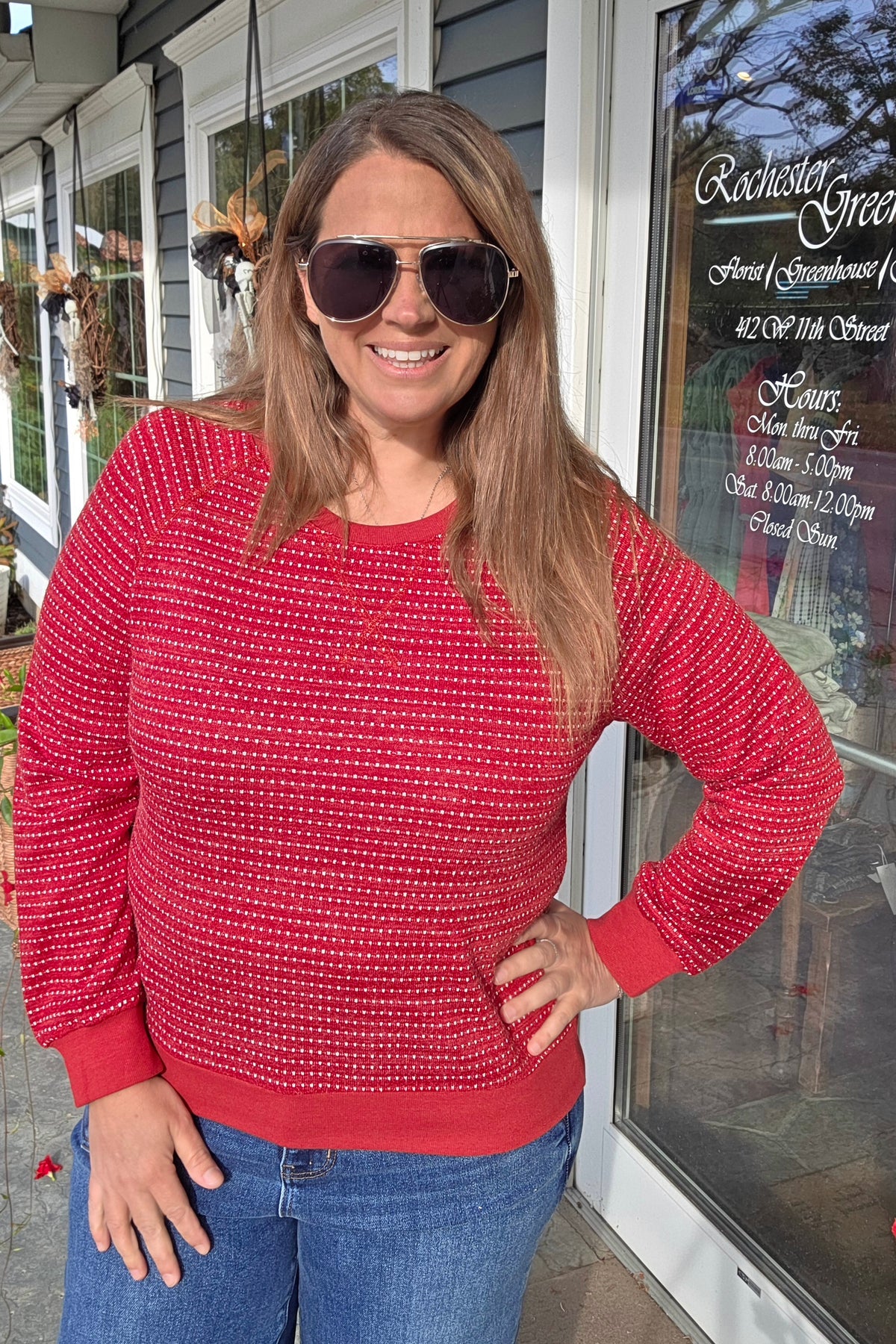 Red Crew Neck Raglan Sleeve Novelty Knit Top