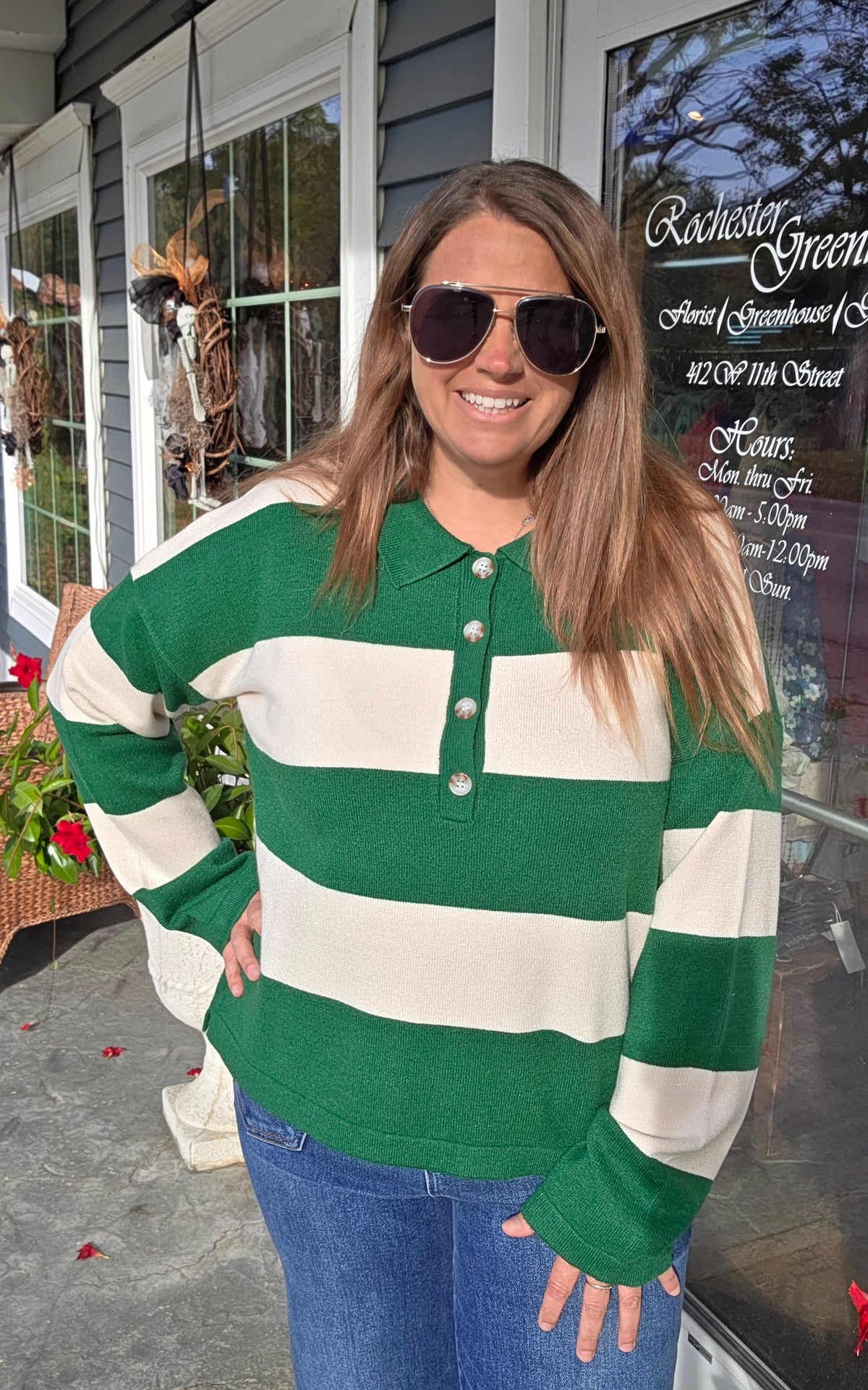 Green Wide Striped Button Neckline Oversized Sweater