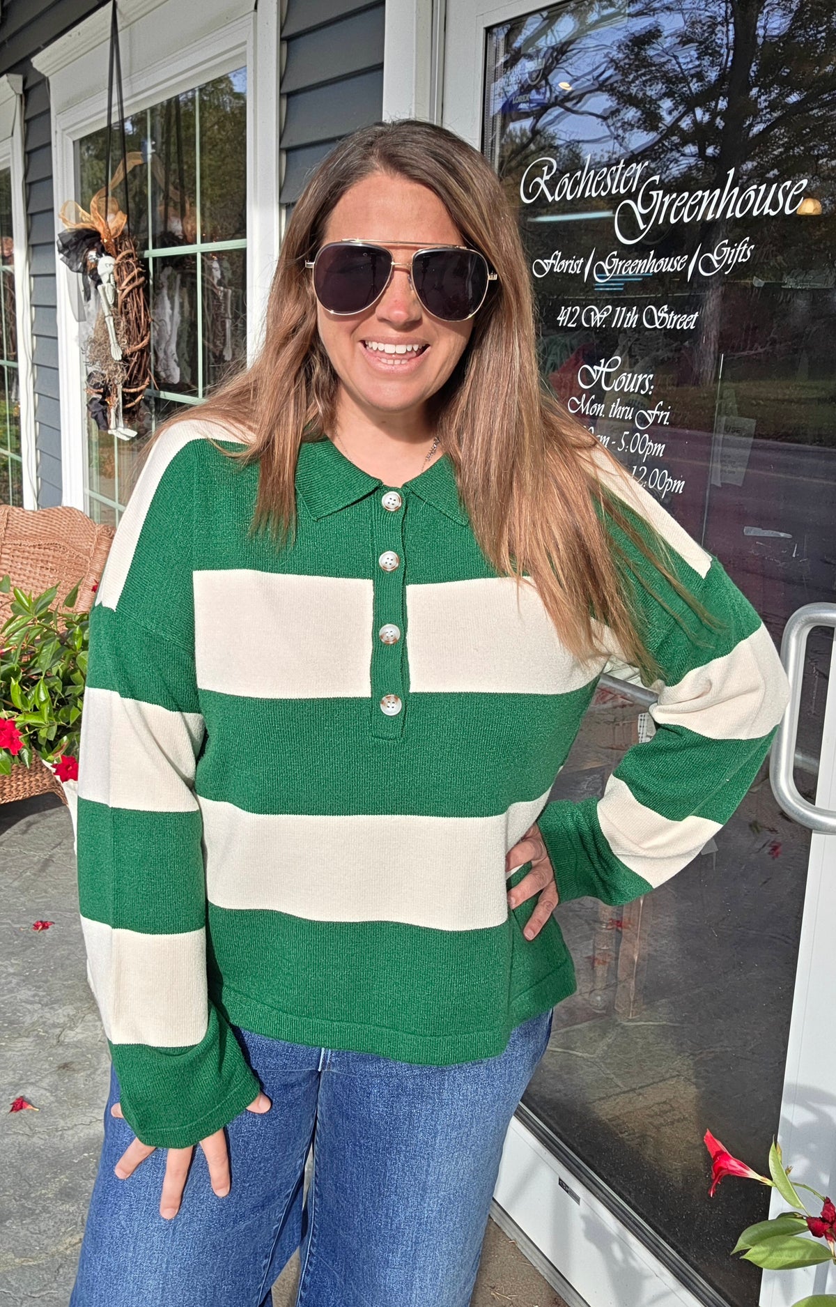 Green Wide Striped Button Neckline Oversized Sweater