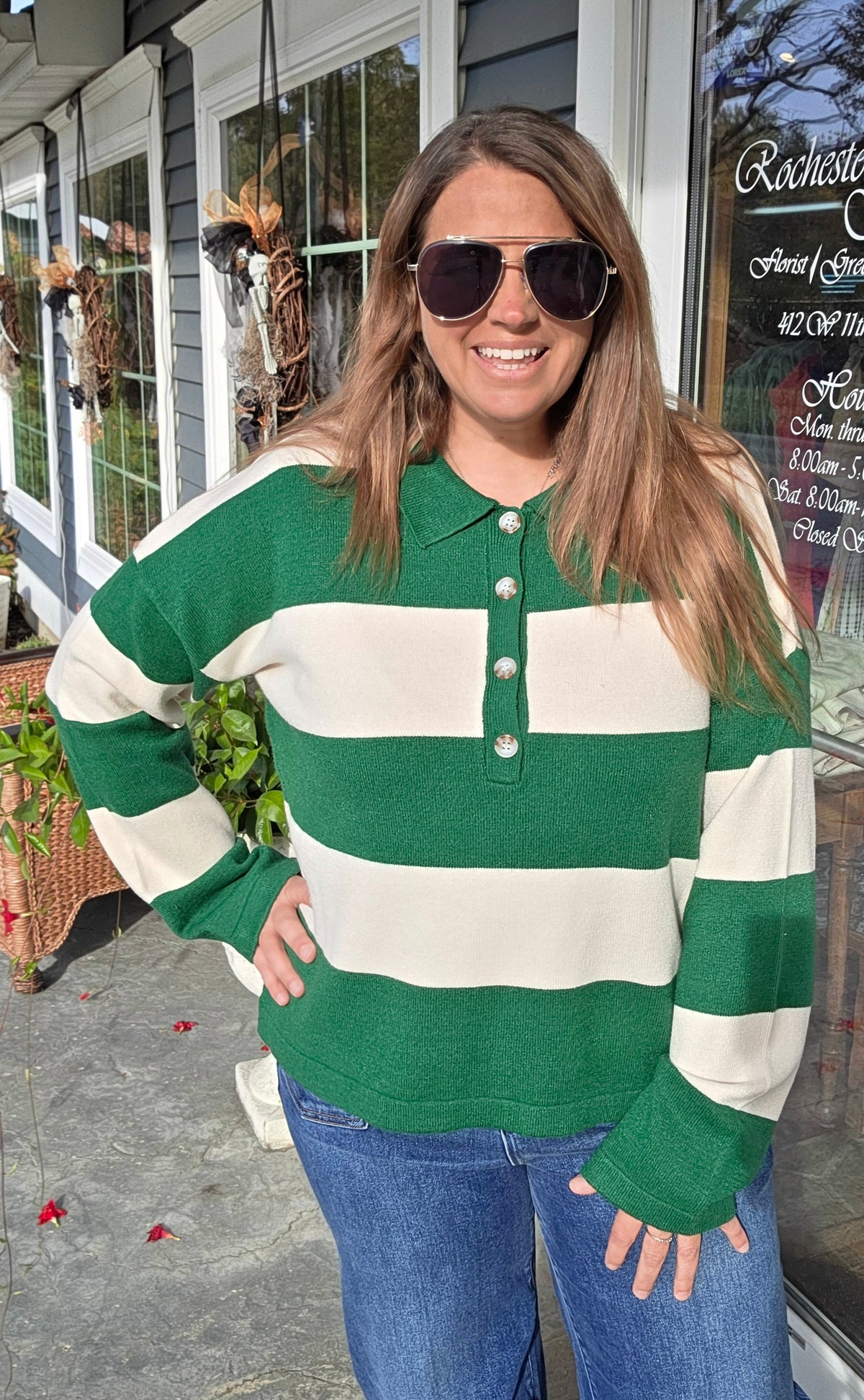 Green Wide Striped Button Neckline Oversized Sweater