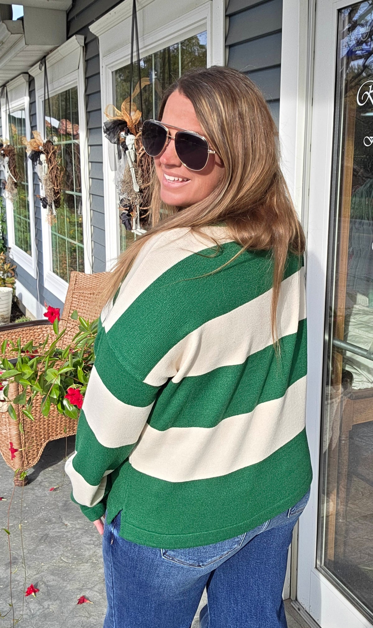 Green Wide Striped Button Neckline Oversized Sweater