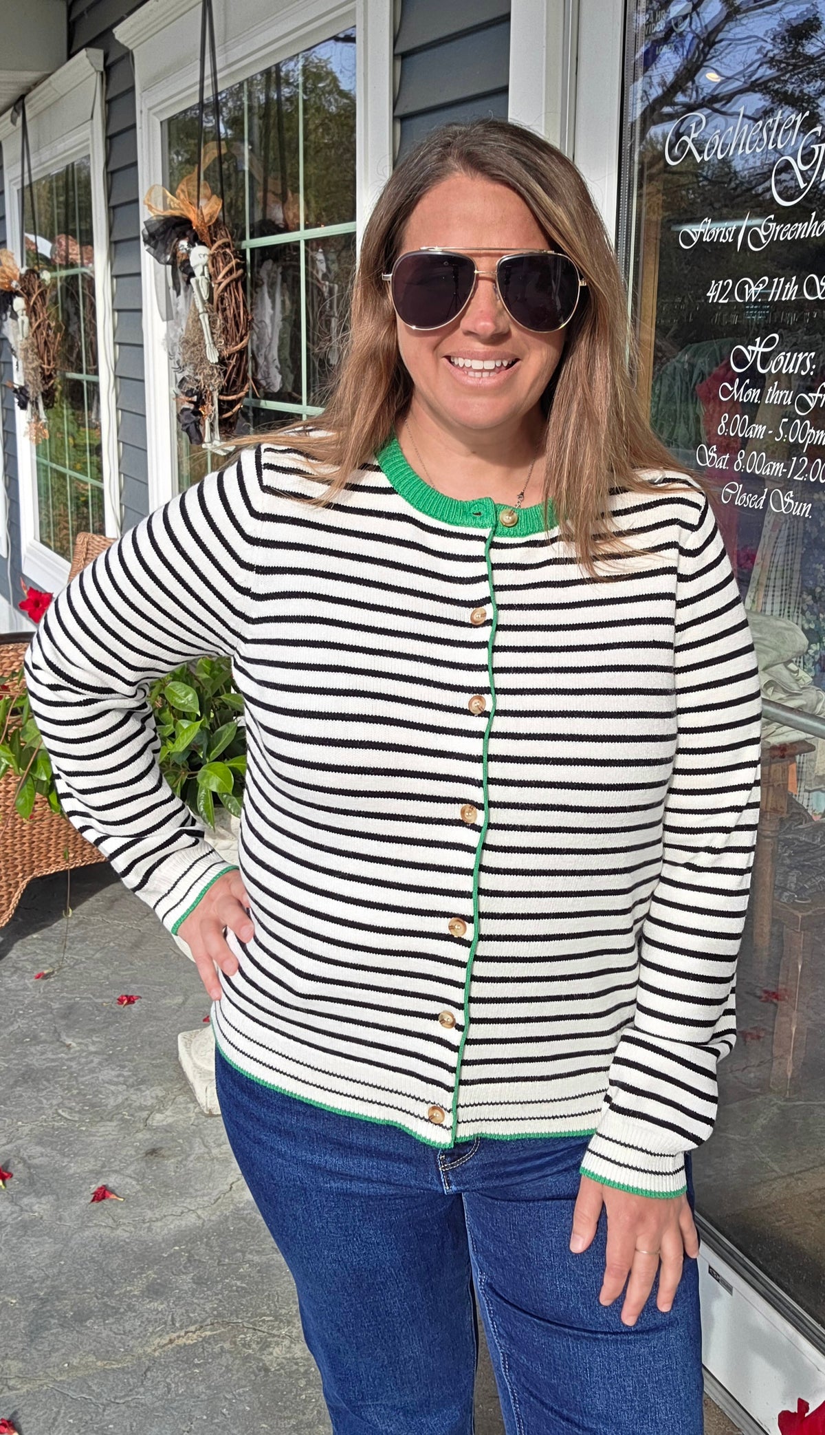 IVORY/GREEN Color Accent, Long Sleeve, Button Down, Striped Cardigan Sweater