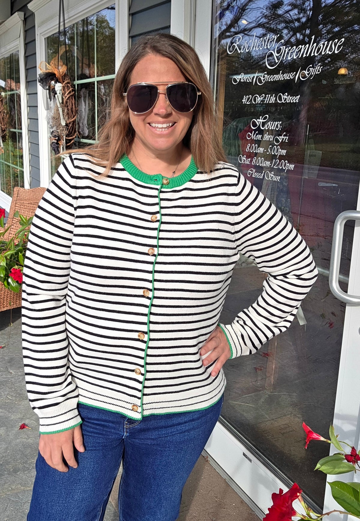 IVORY/GREEN Color Accent, Long Sleeve, Button Down, Striped Cardigan Sweater