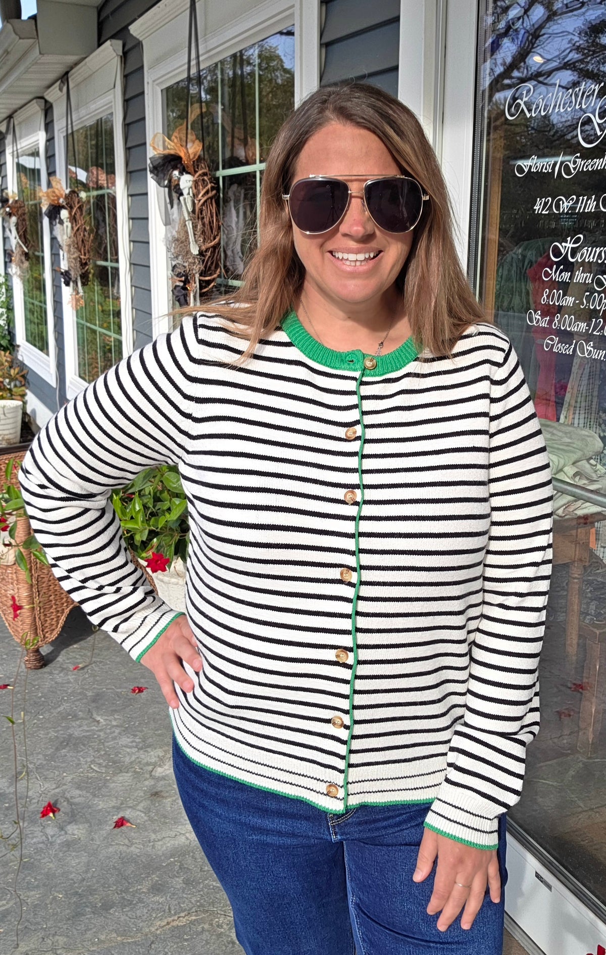 IVORY/GREEN Color Accent, Long Sleeve, Button Down, Striped Cardigan Sweater