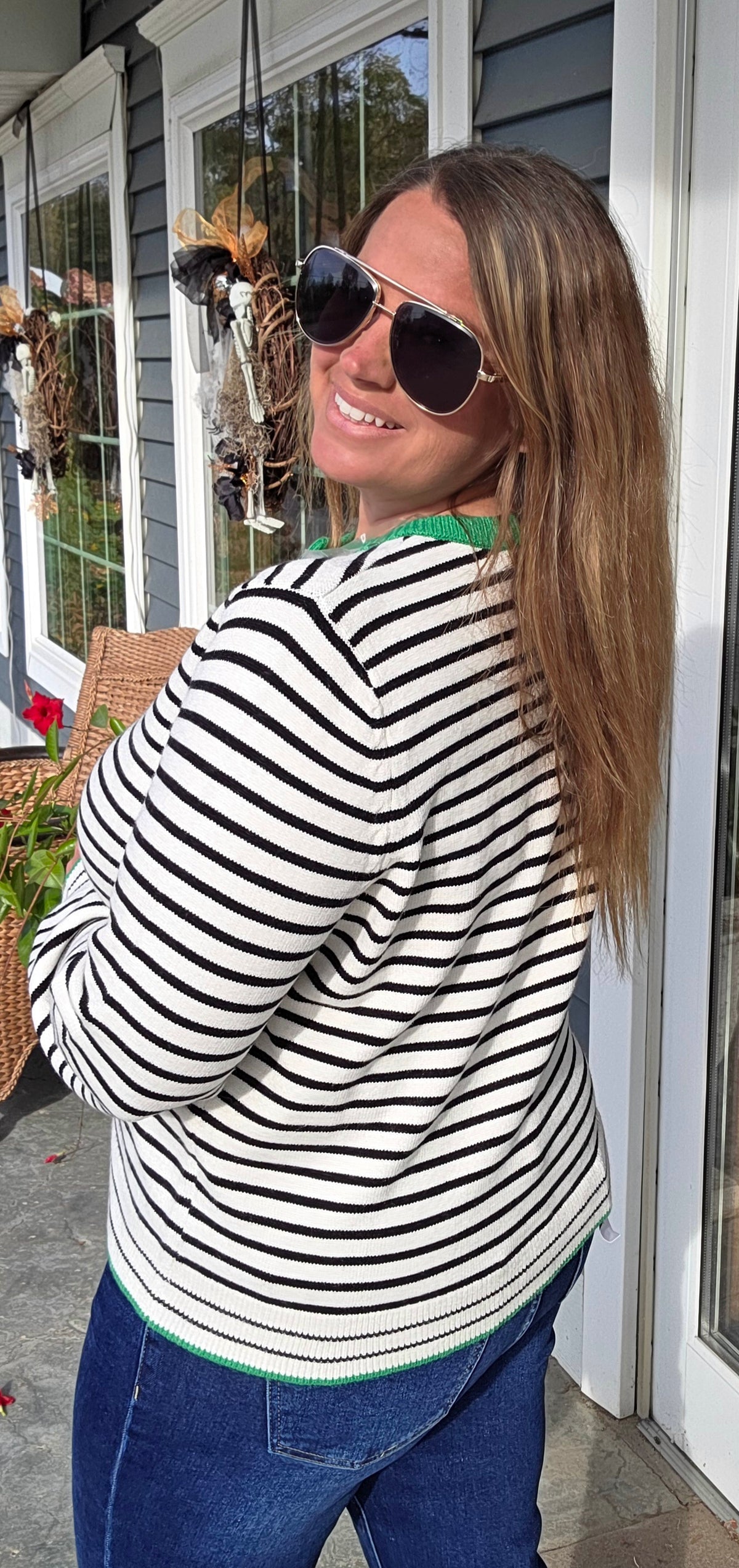 IVORY/GREEN Color Accent, Long Sleeve, Button Down, Striped Cardigan Sweater