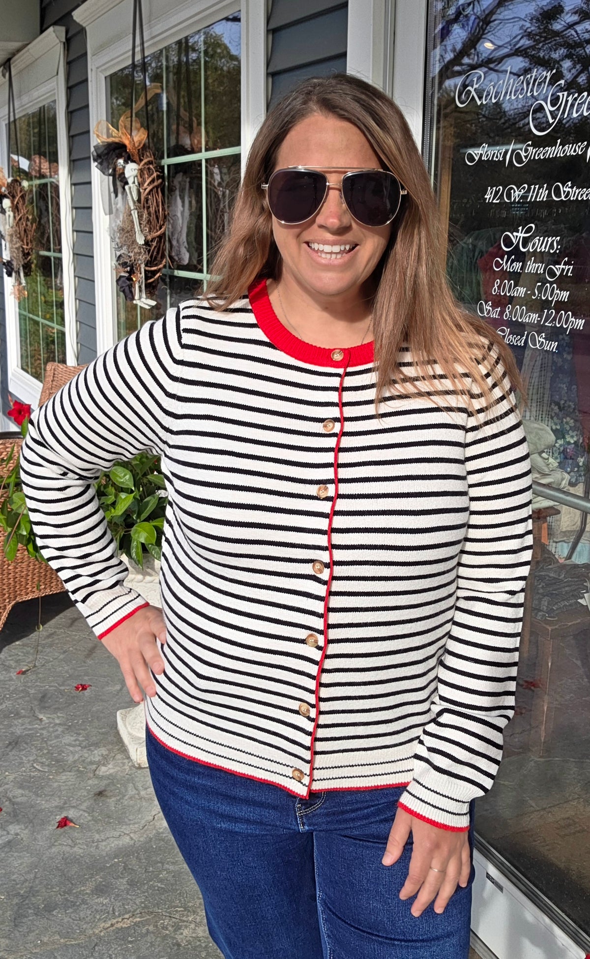 Iovry/Red Color Accent Long Sleeve Button Down Striped Sweater Cardigan