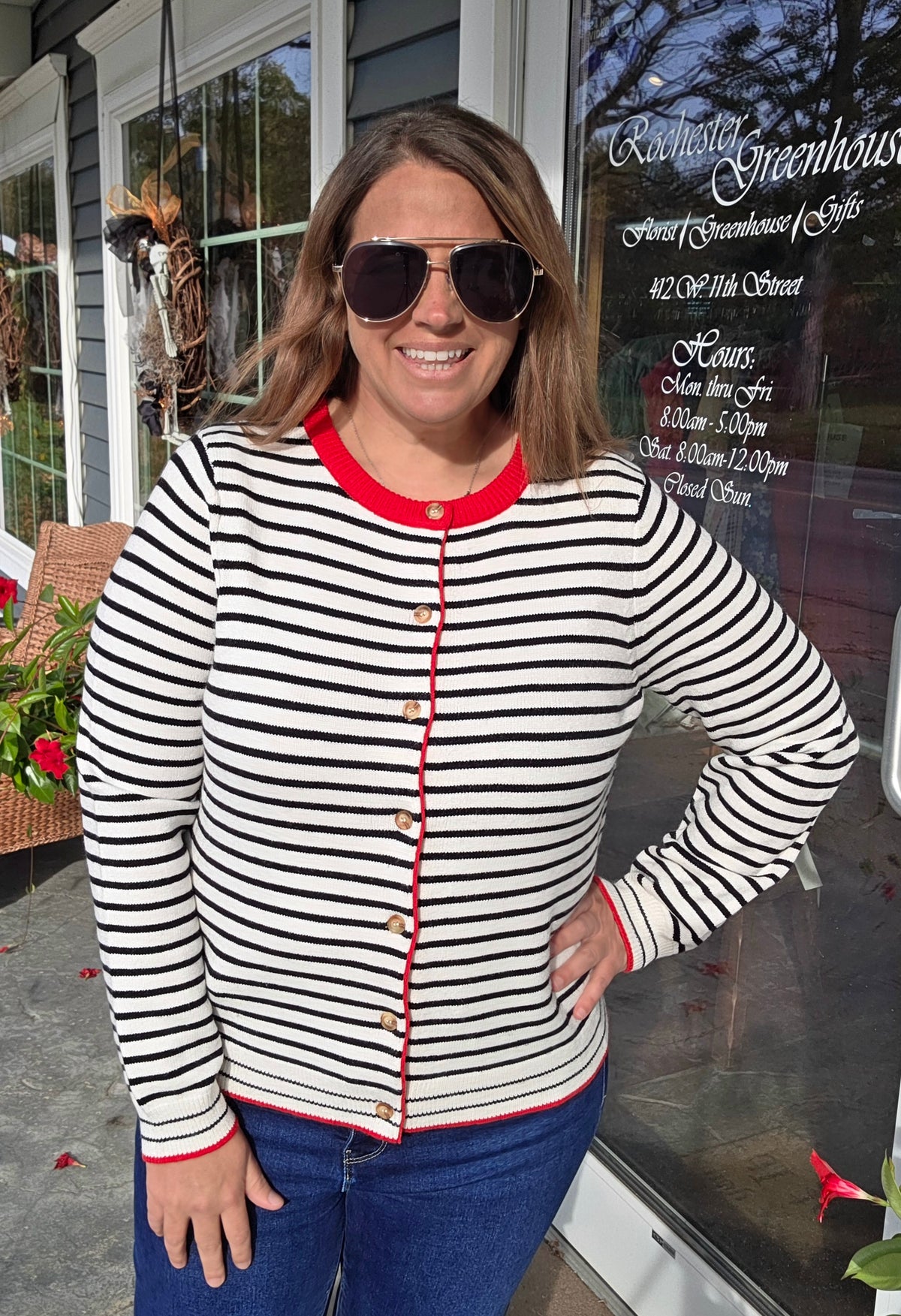 Iovry/Red Color Accent Long Sleeve Button Down Striped Sweater Cardigan