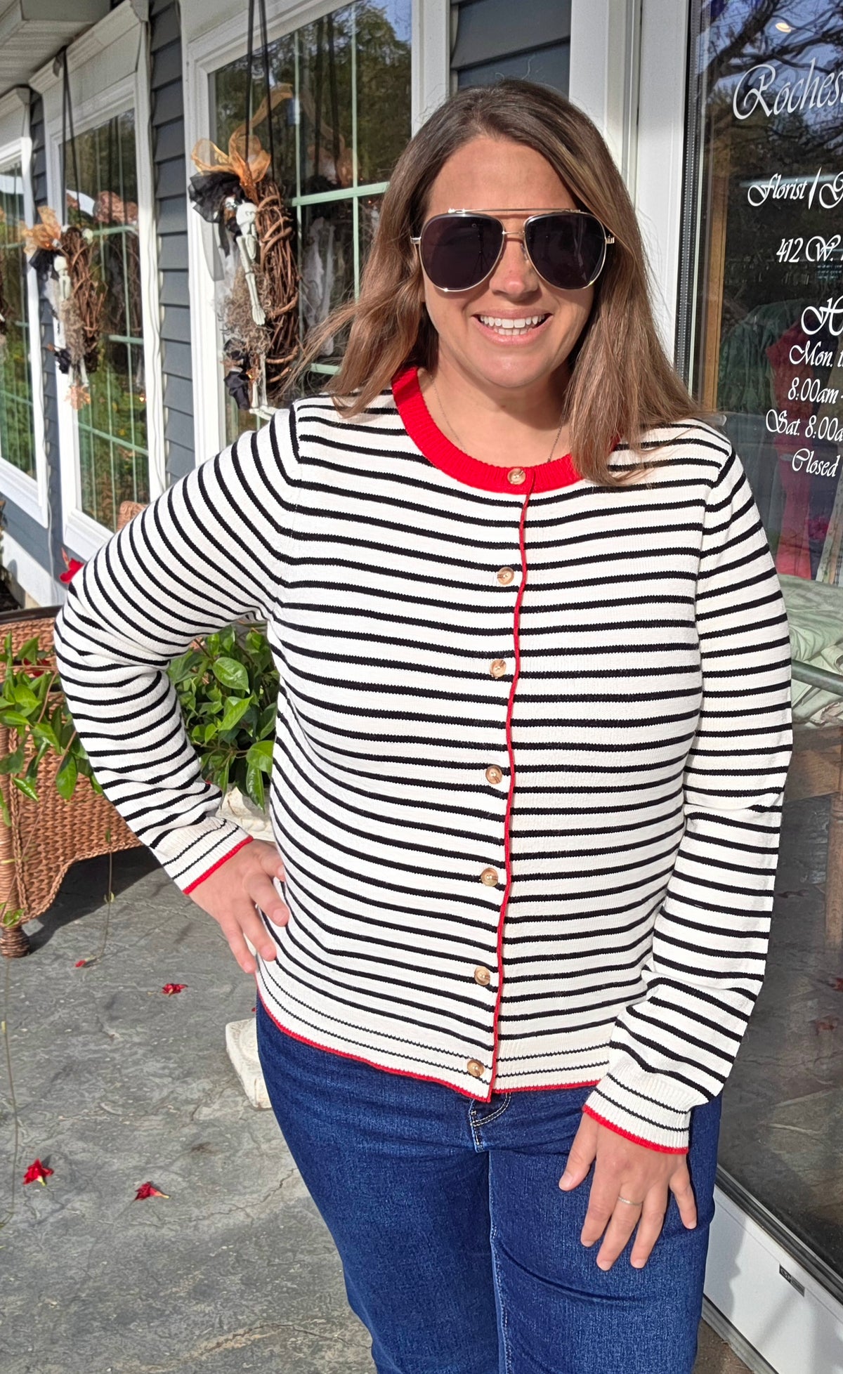 Iovry/Red Color Accent Long Sleeve Button Down Striped Sweater Cardigan