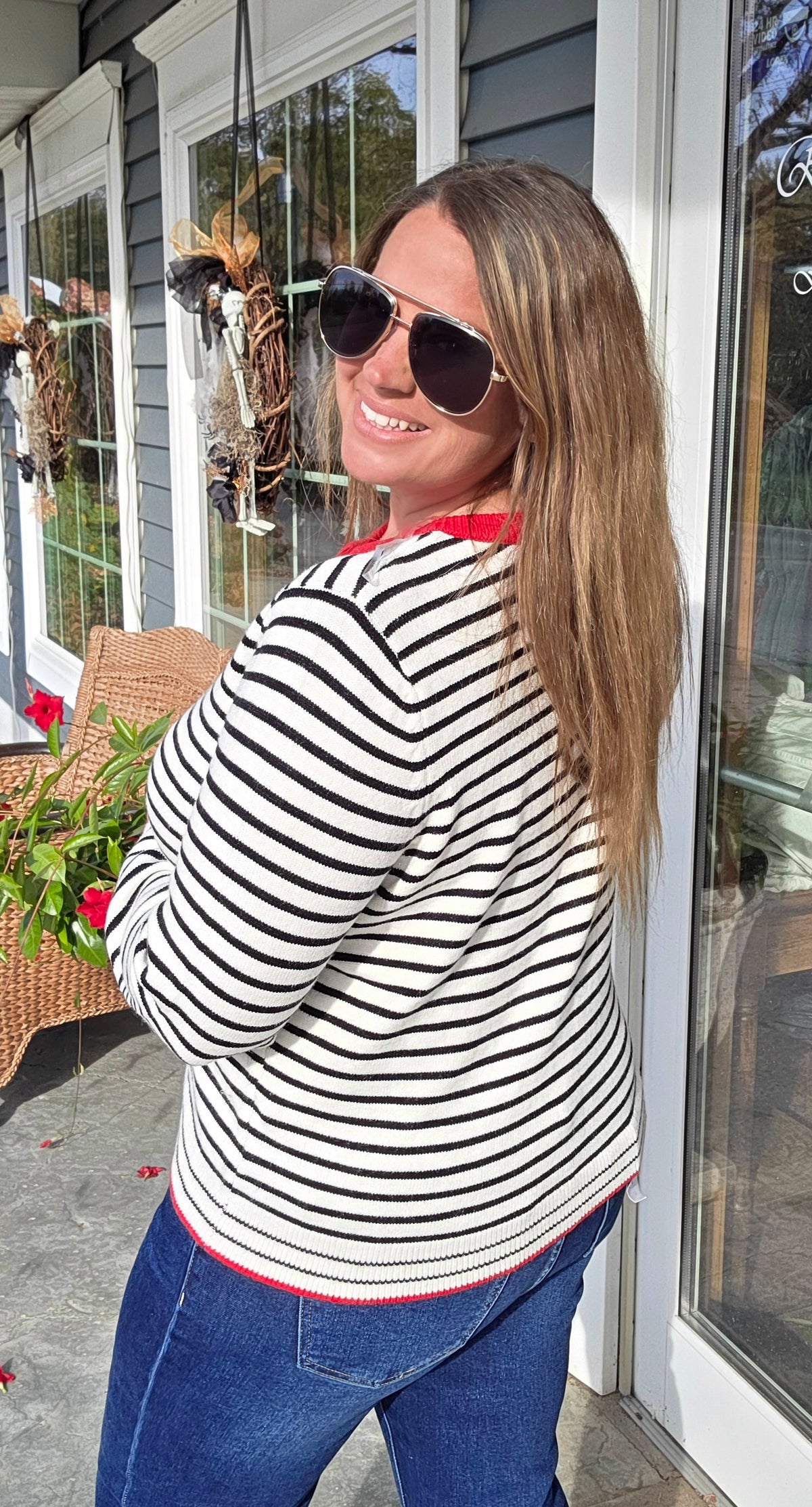 Iovry/Red Color Accent Long Sleeve Button Down Striped Sweater Cardigan