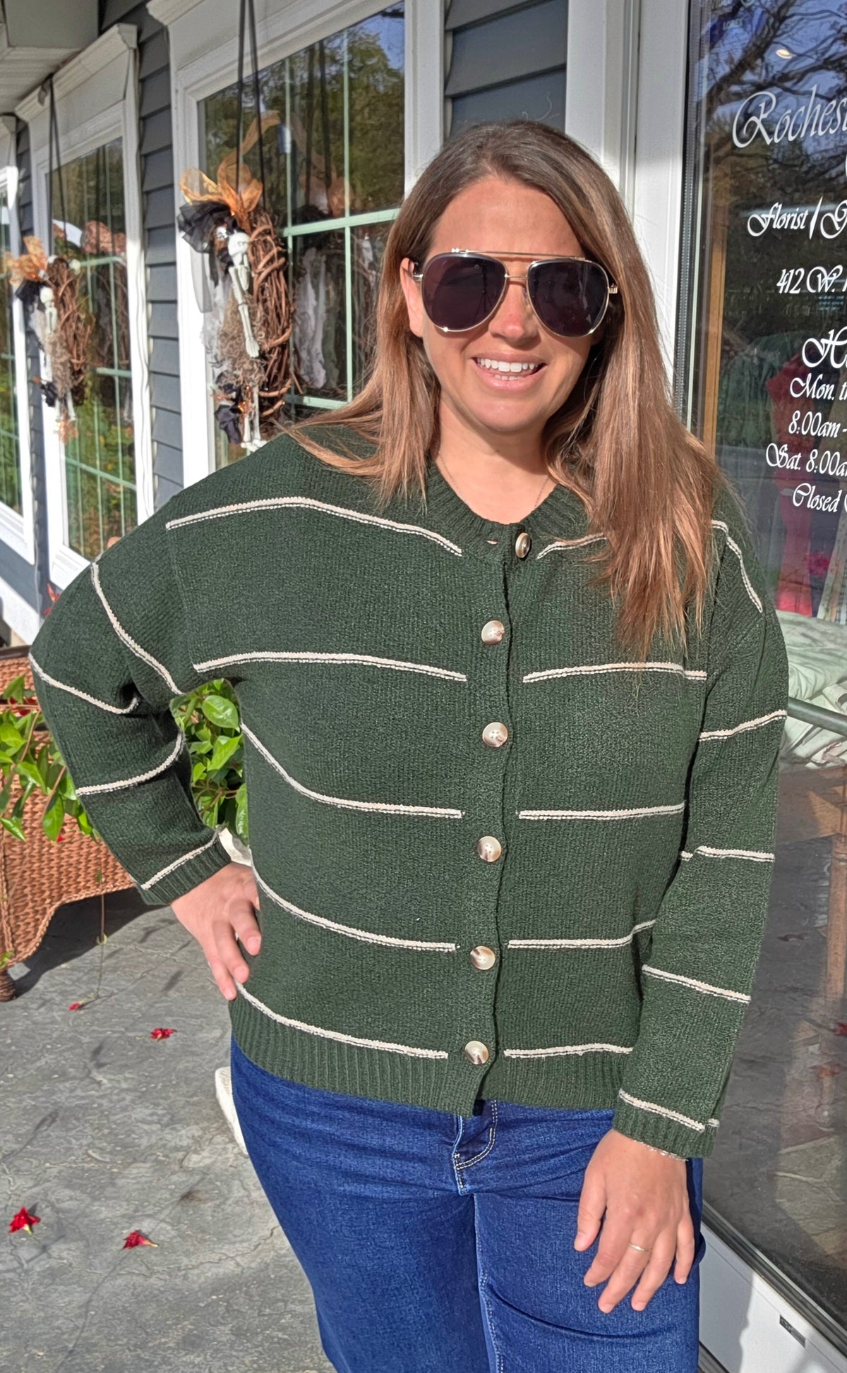 Hunter Green Thin Stripe Round Neck Button Down Cardigan