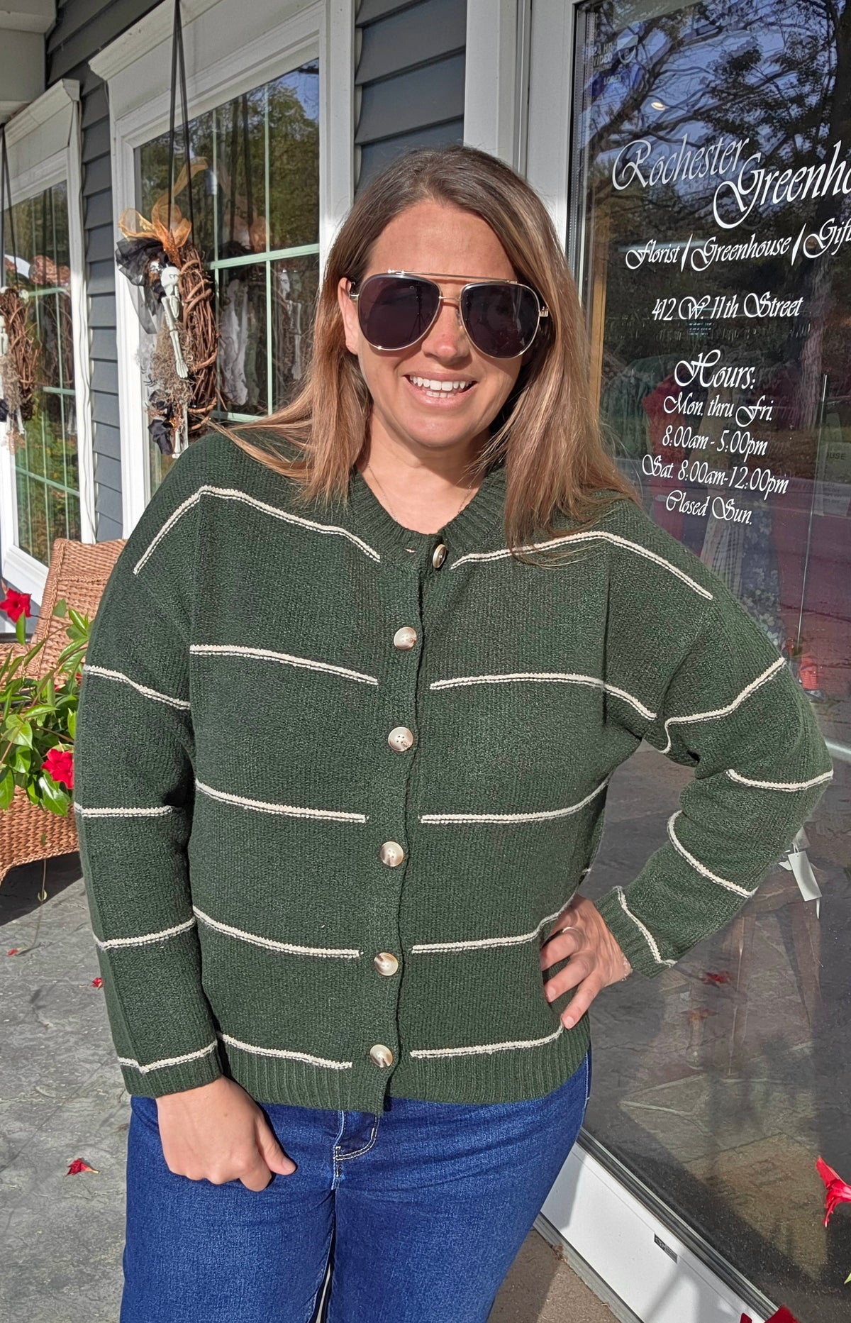 Hunter Green Thin Stripe Round Neck Button Down Cardigan