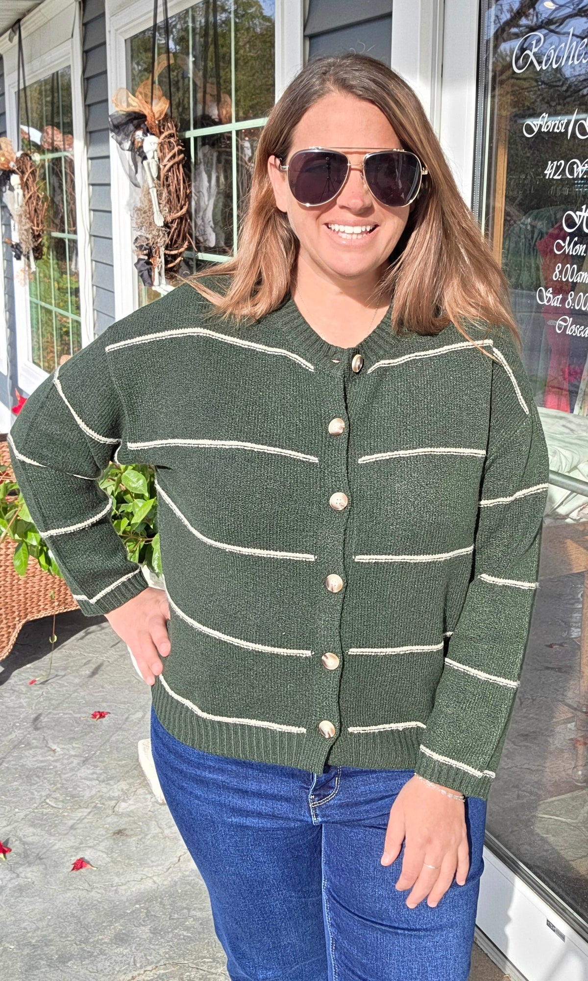 Hunter Green Thin Stripe Round Neck Button Down Cardigan