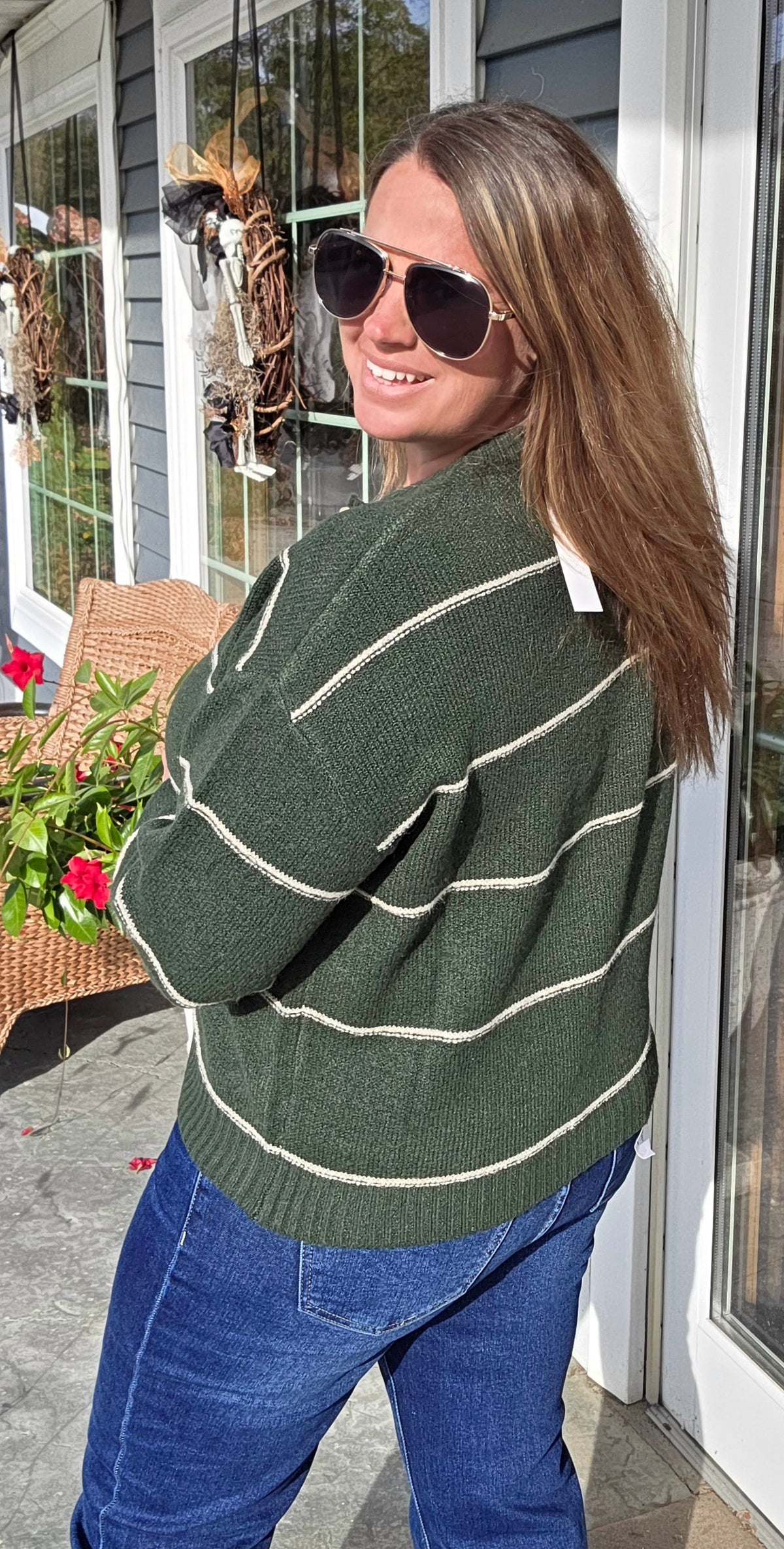 Hunter Green Thin Stripe Round Neck Button Down Cardigan