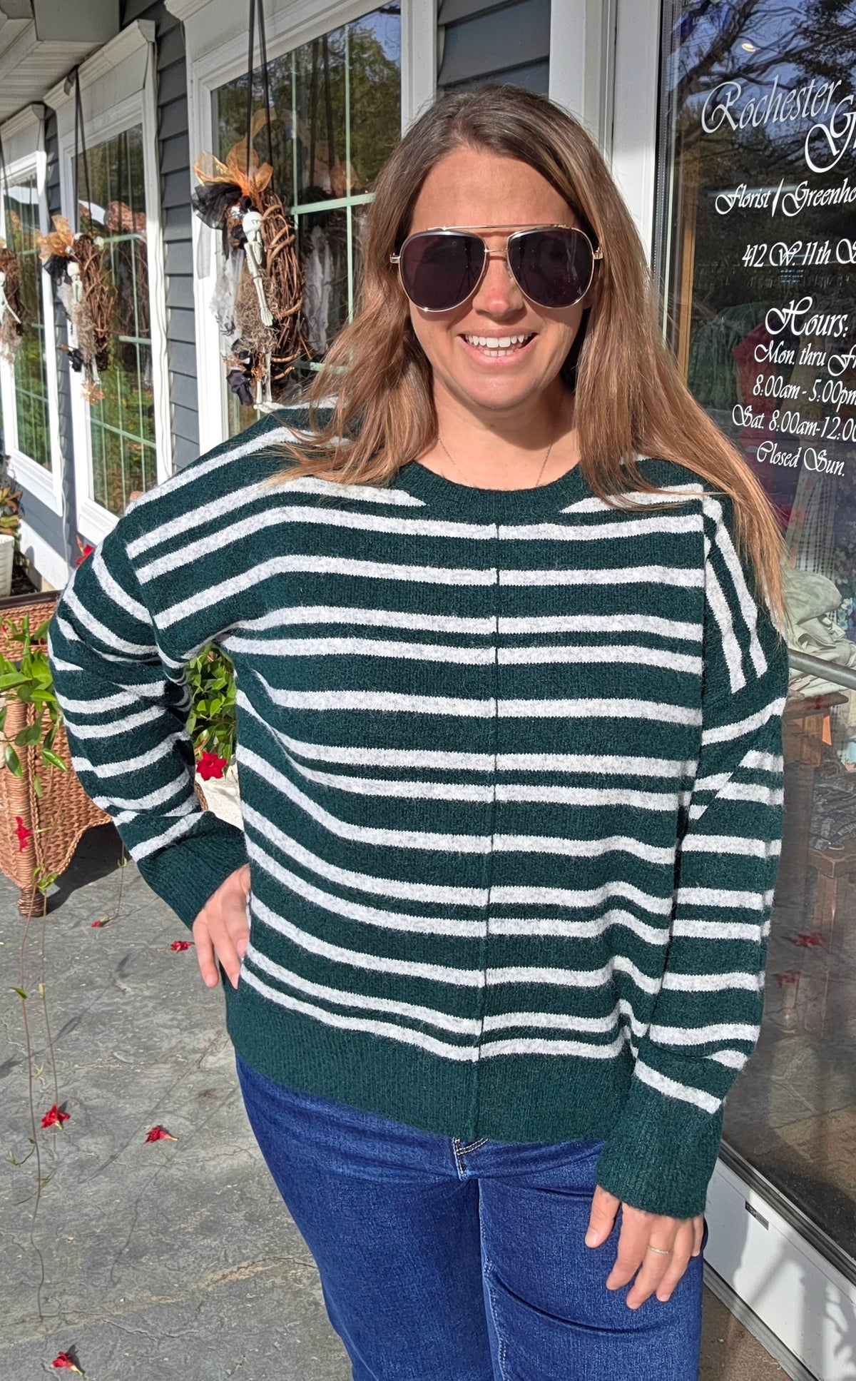 Forest Double Striped, Center Seam Detailed, Long Sleeve Sweater