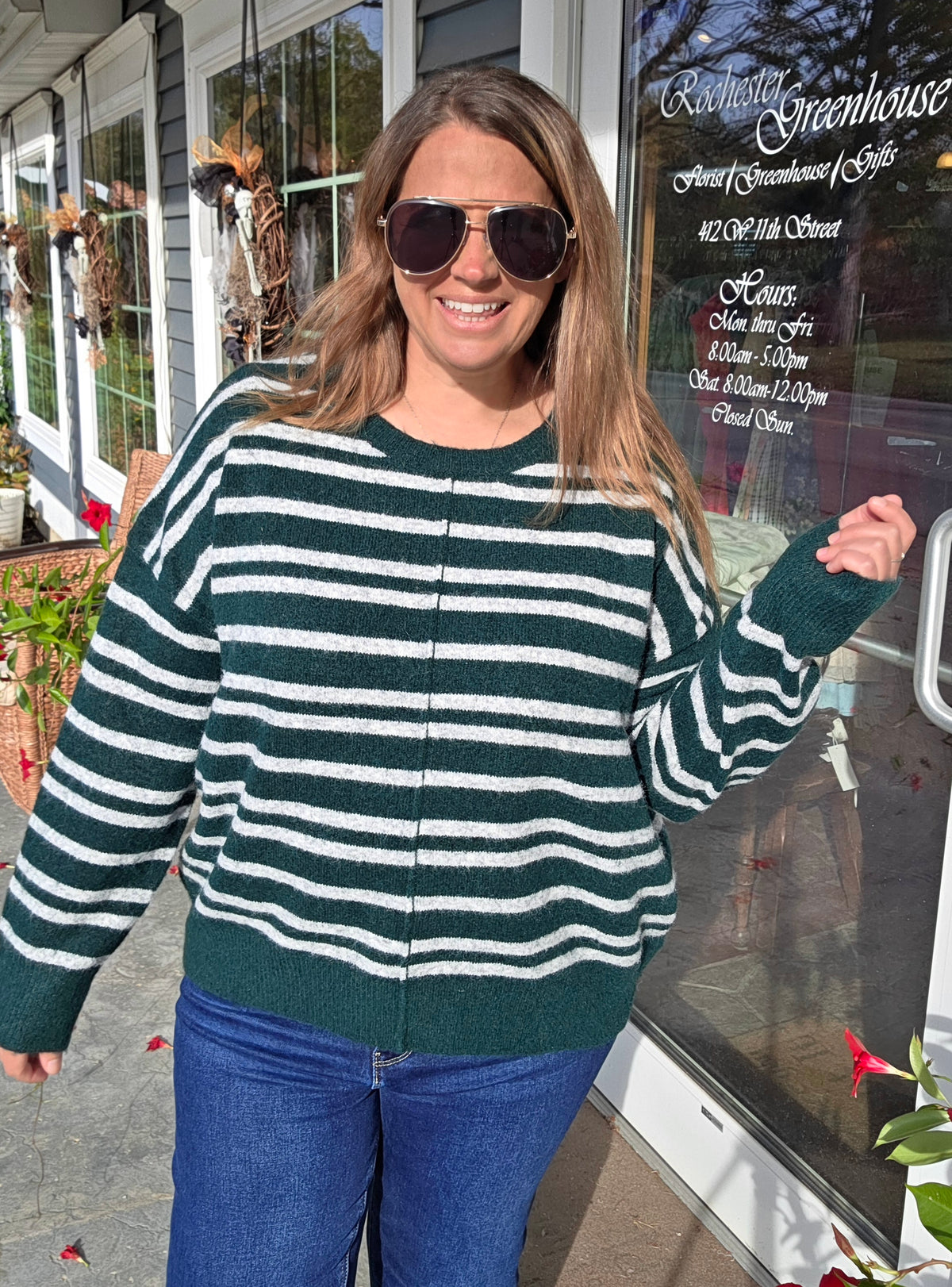 Forest Double Striped, Center Seam Detailed, Long Sleeve Sweater