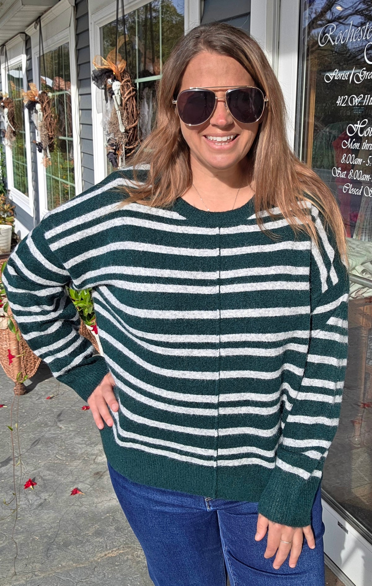 Forest Double Striped, Center Seam Detailed, Long Sleeve Sweater