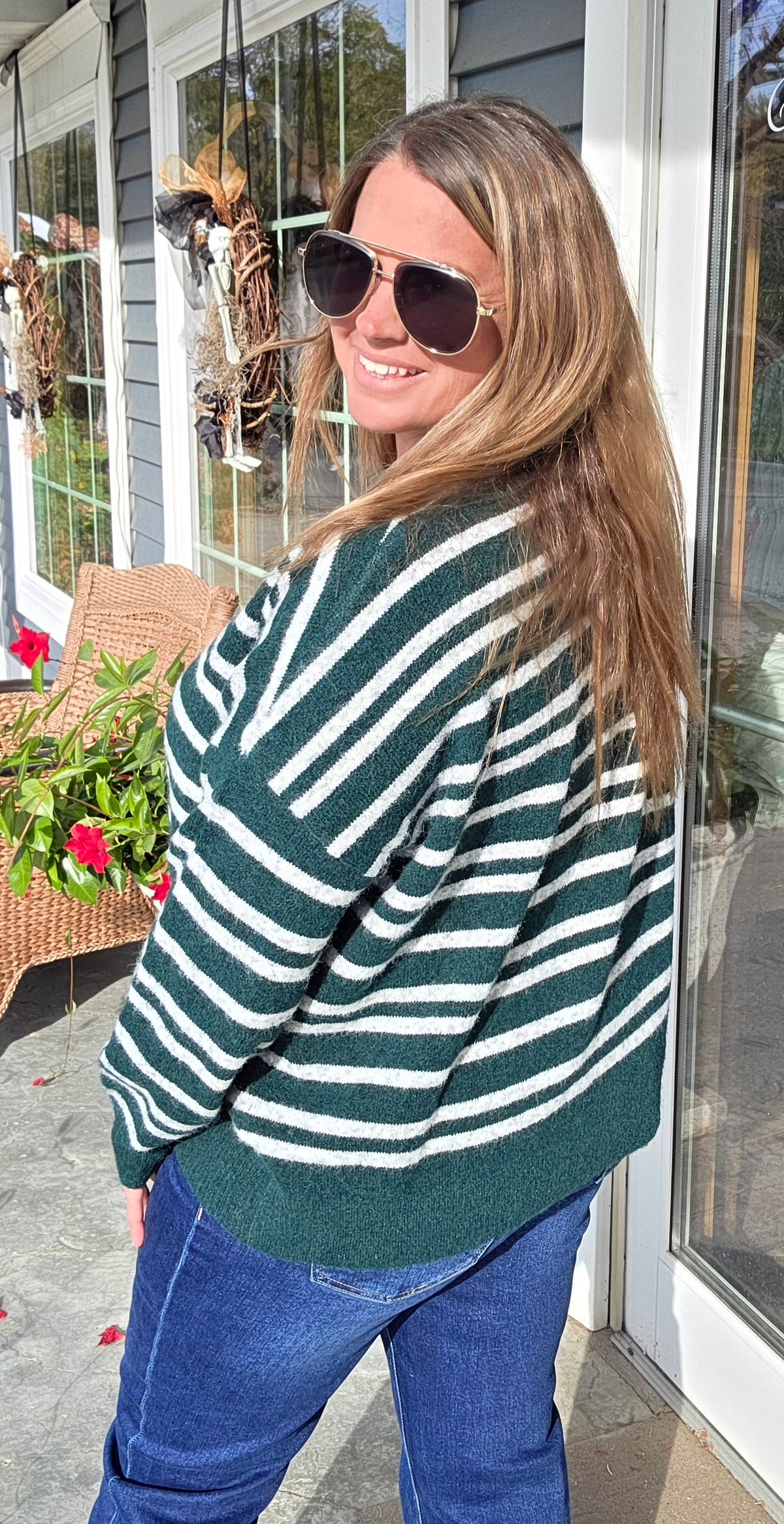 Forest Double Striped, Center Seam Detailed, Long Sleeve Sweater