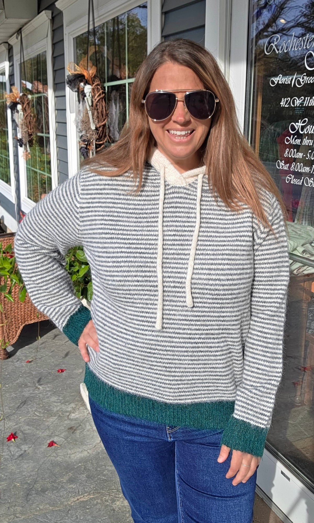 GREY Striped, Hoodie, Long Sleeve, Pullover Sweater W/ Hunter Trim