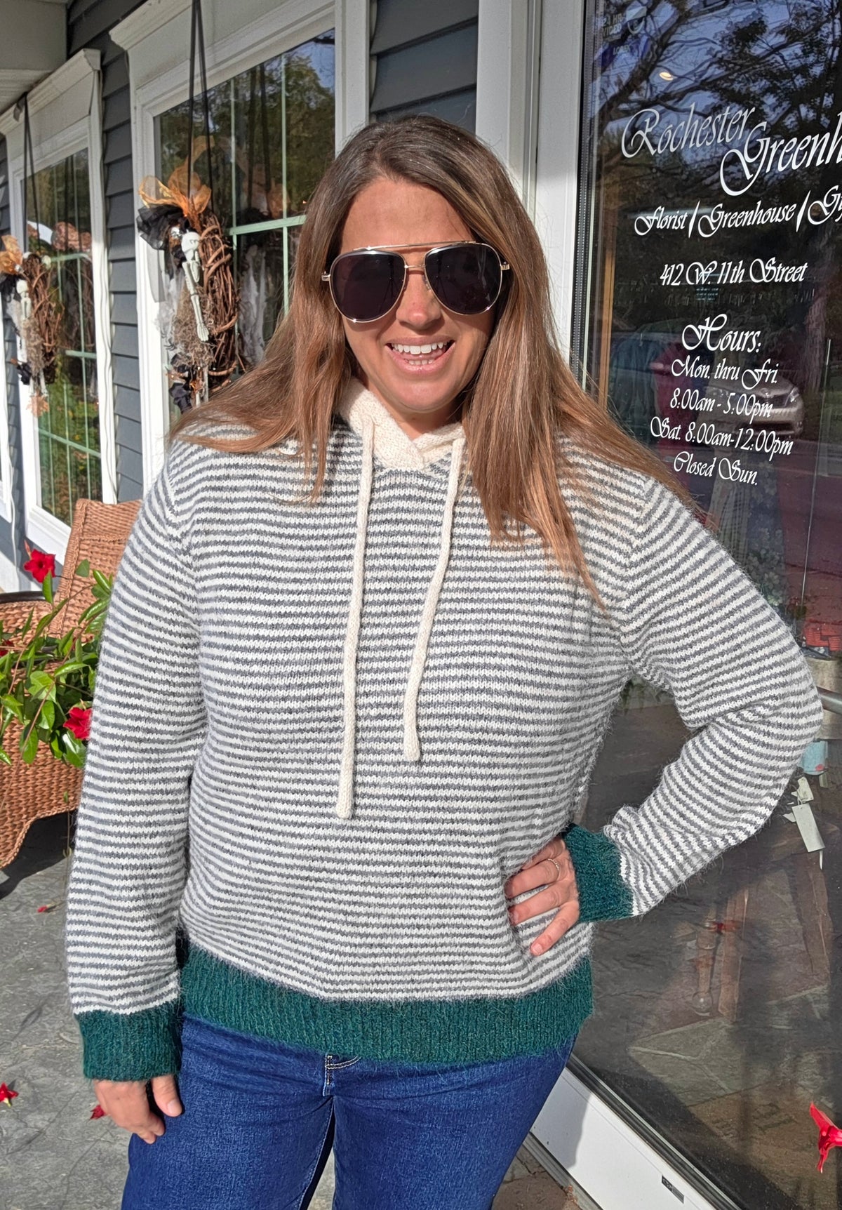 GREY Striped, Hoodie, Long Sleeve, Pullover Sweater W/ Hunter Trim