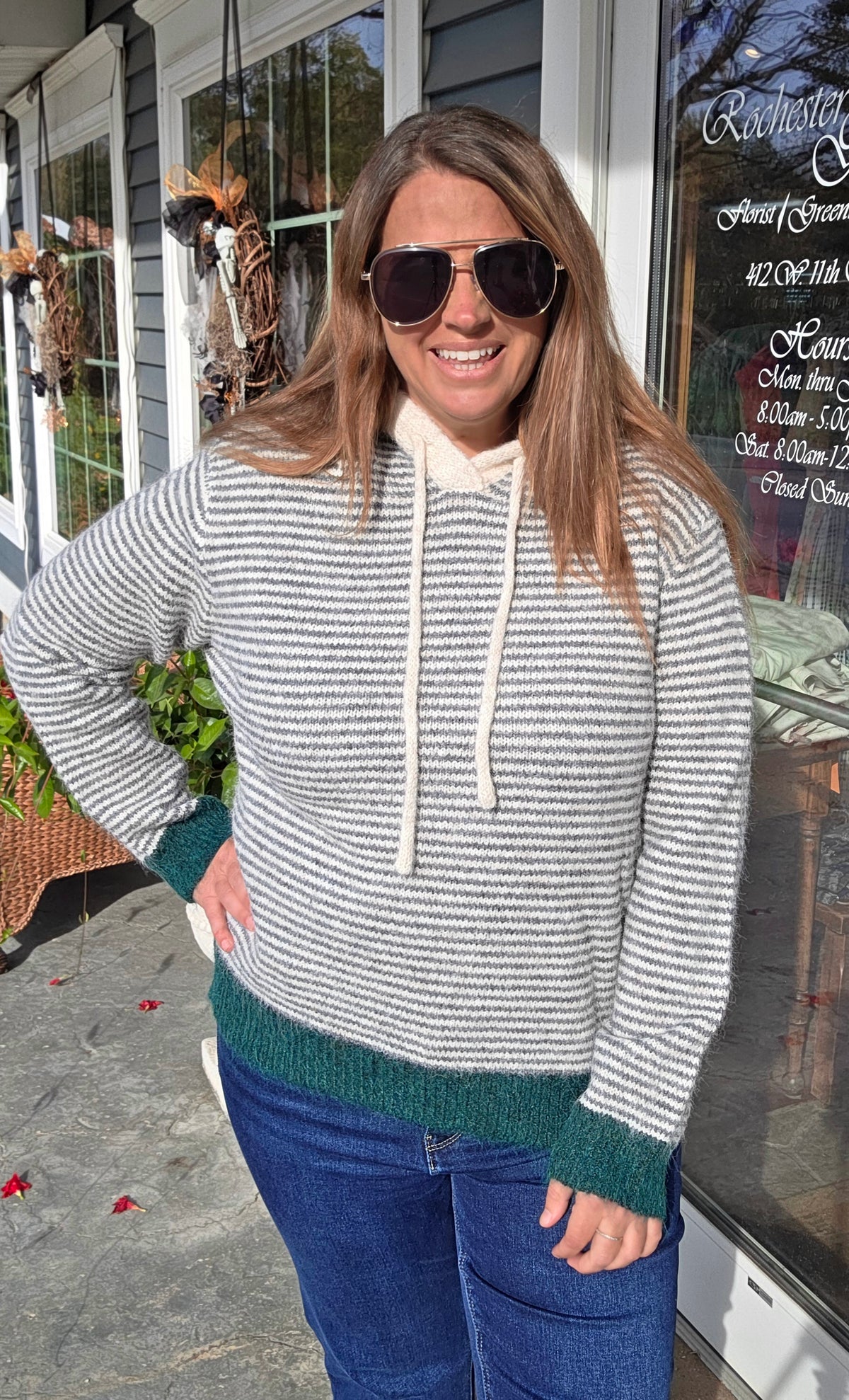 GREY Striped, Hoodie, Long Sleeve, Pullover Sweater W/ Hunter Trim