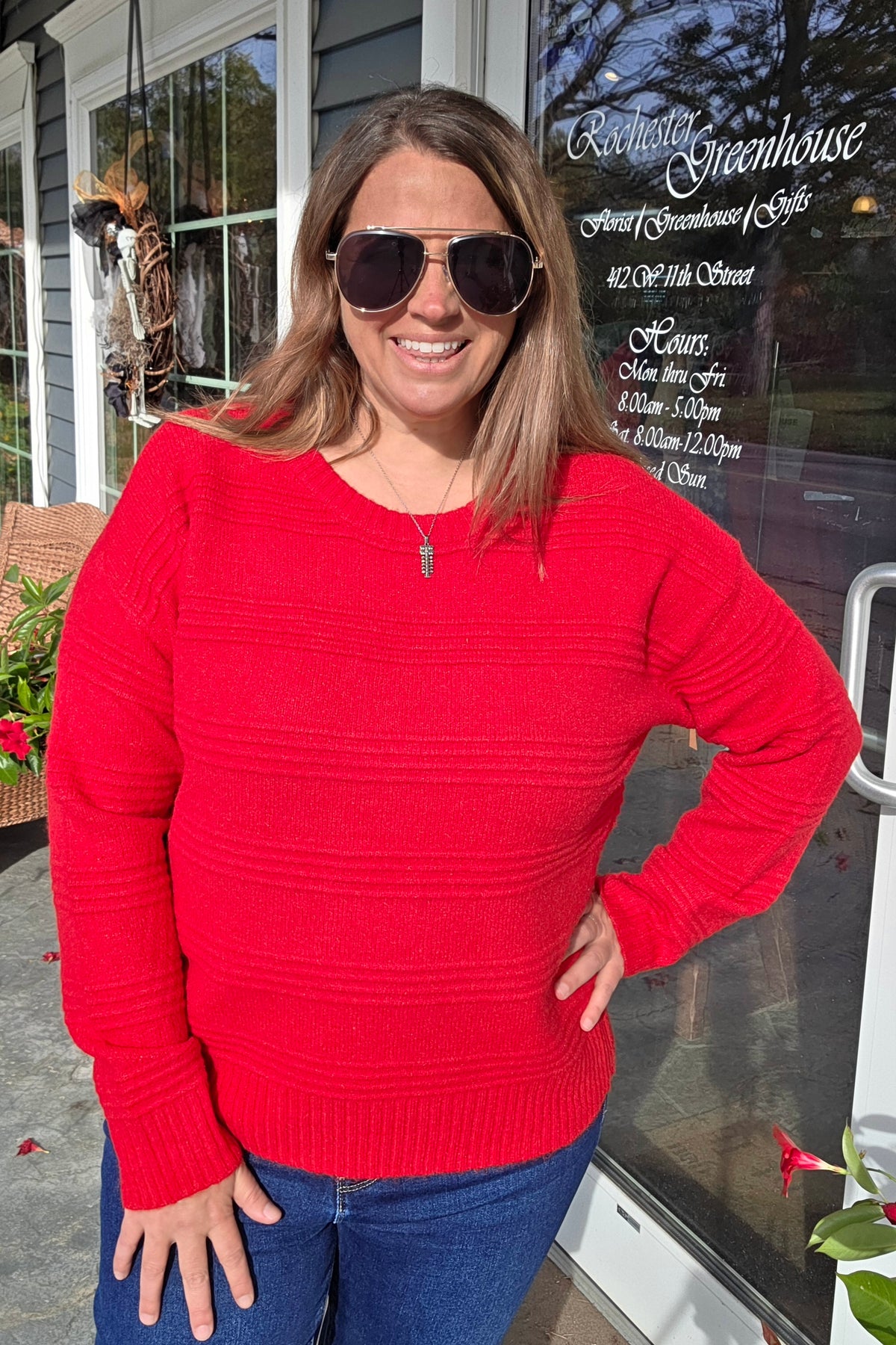 Red Texture Striped, Crew Neck, Long Sleeve Pullover Sweater