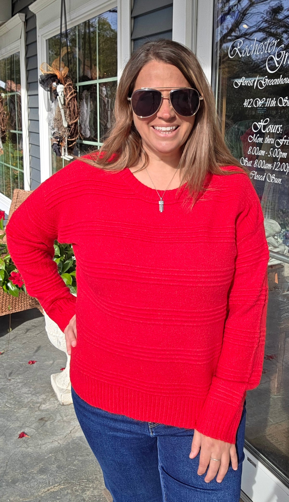 Red Texture Striped, Crew Neck, Long Sleeve Pullover Sweater