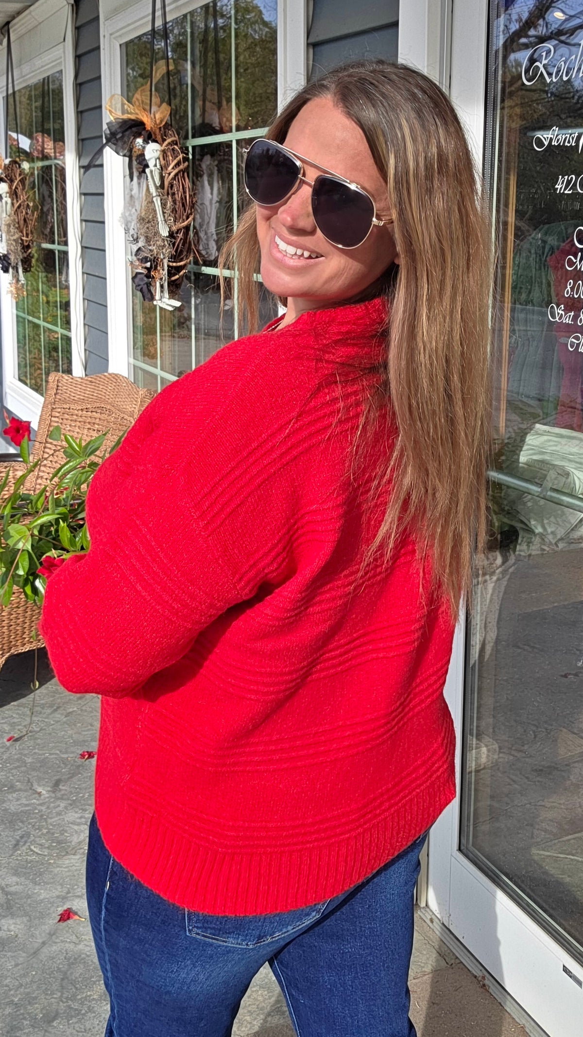 Red Texture Striped, Crew Neck, Long Sleeve Pullover Sweater