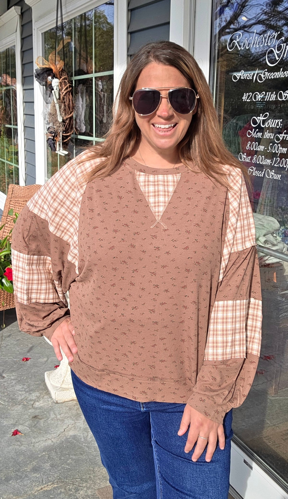 Brown Round Neck Floral Print Rib Knit Plaid Woven Color Block Raglan Bubble Long Sleeve Top