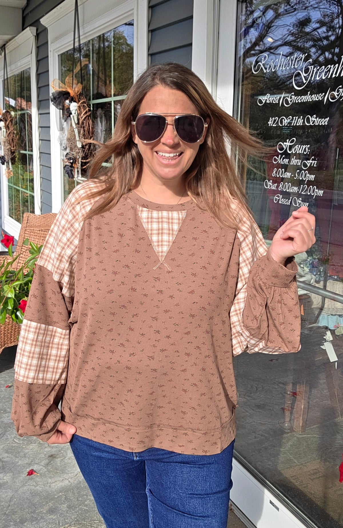 Brown Round Neck Floral Print Rib Knit Plaid Woven Color Block Raglan Bubble Long Sleeve Top