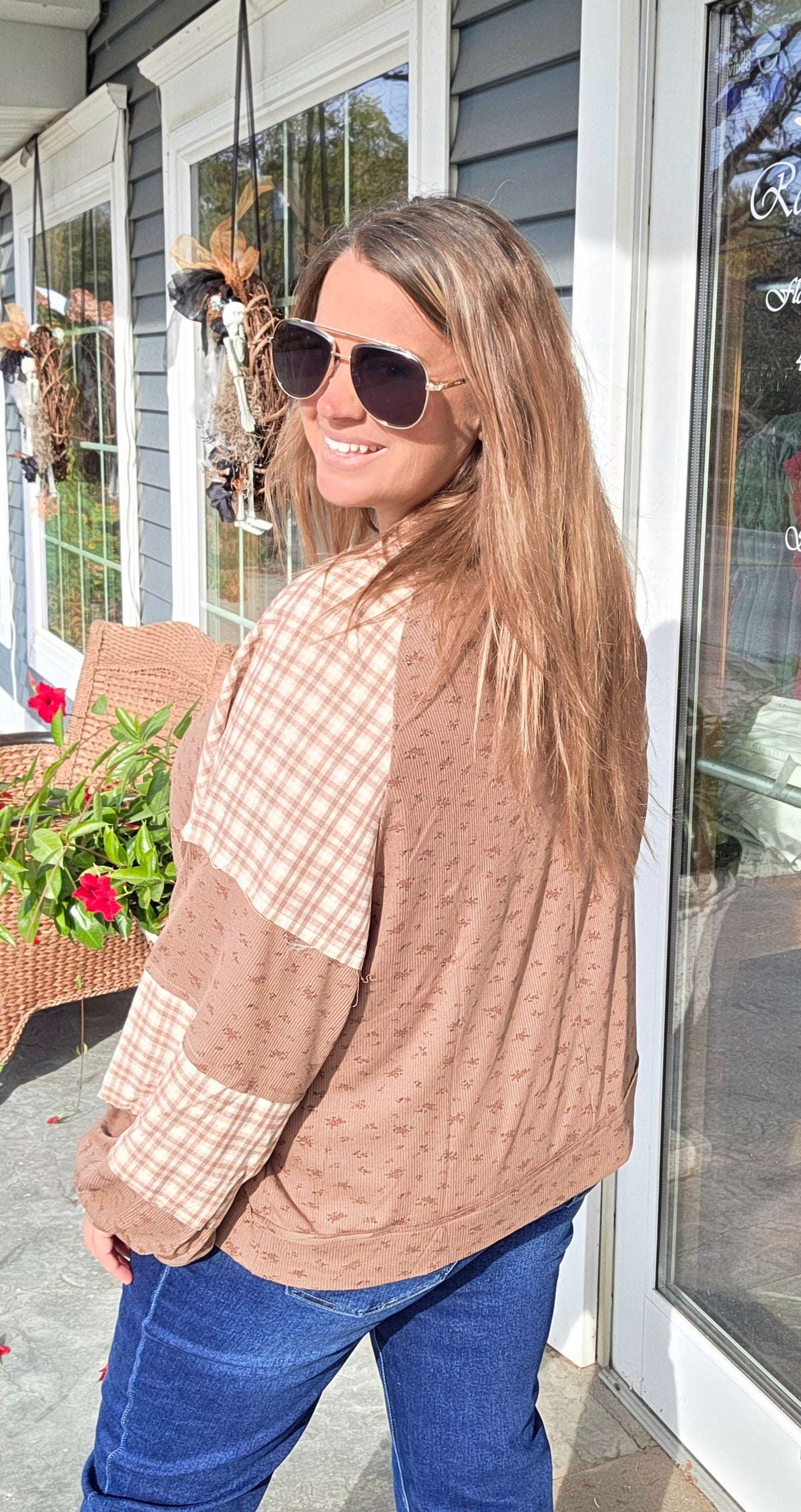 Brown Round Neck Floral Print Rib Knit Plaid Woven Color Block Raglan Bubble Long Sleeve Top
