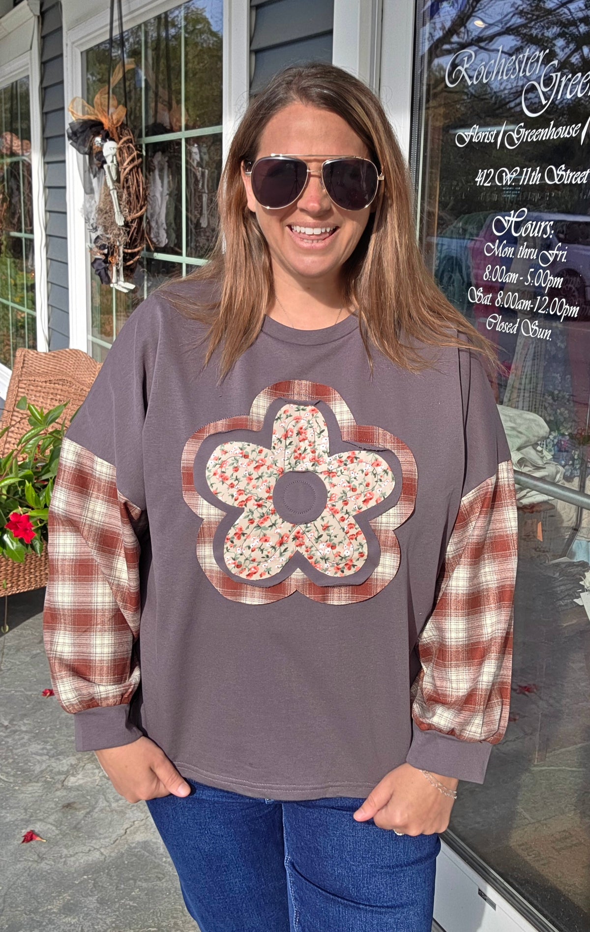 Charcoal Round Neck Bubble Long Sleeve Flower Patches Solid French Terry And Plaid Top