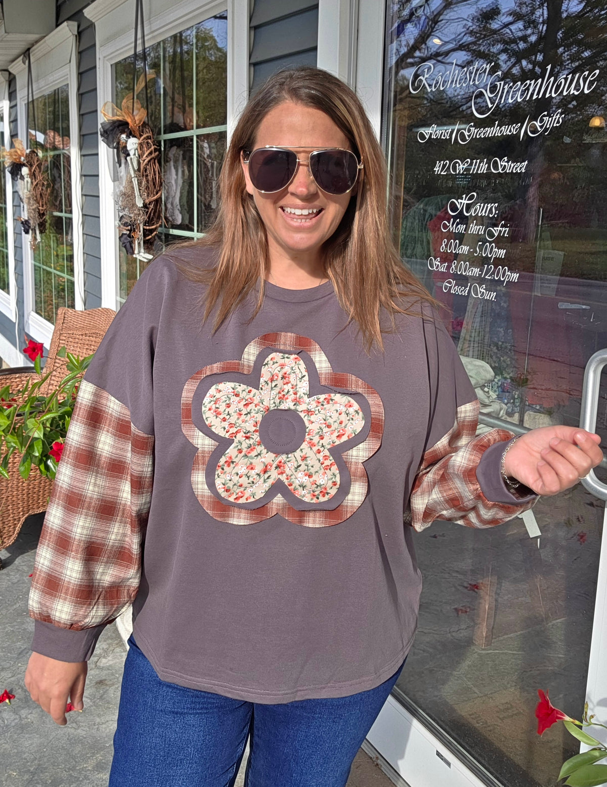 Charcoal Round Neck Bubble Long Sleeve Flower Patches Solid French Terry And Plaid Top