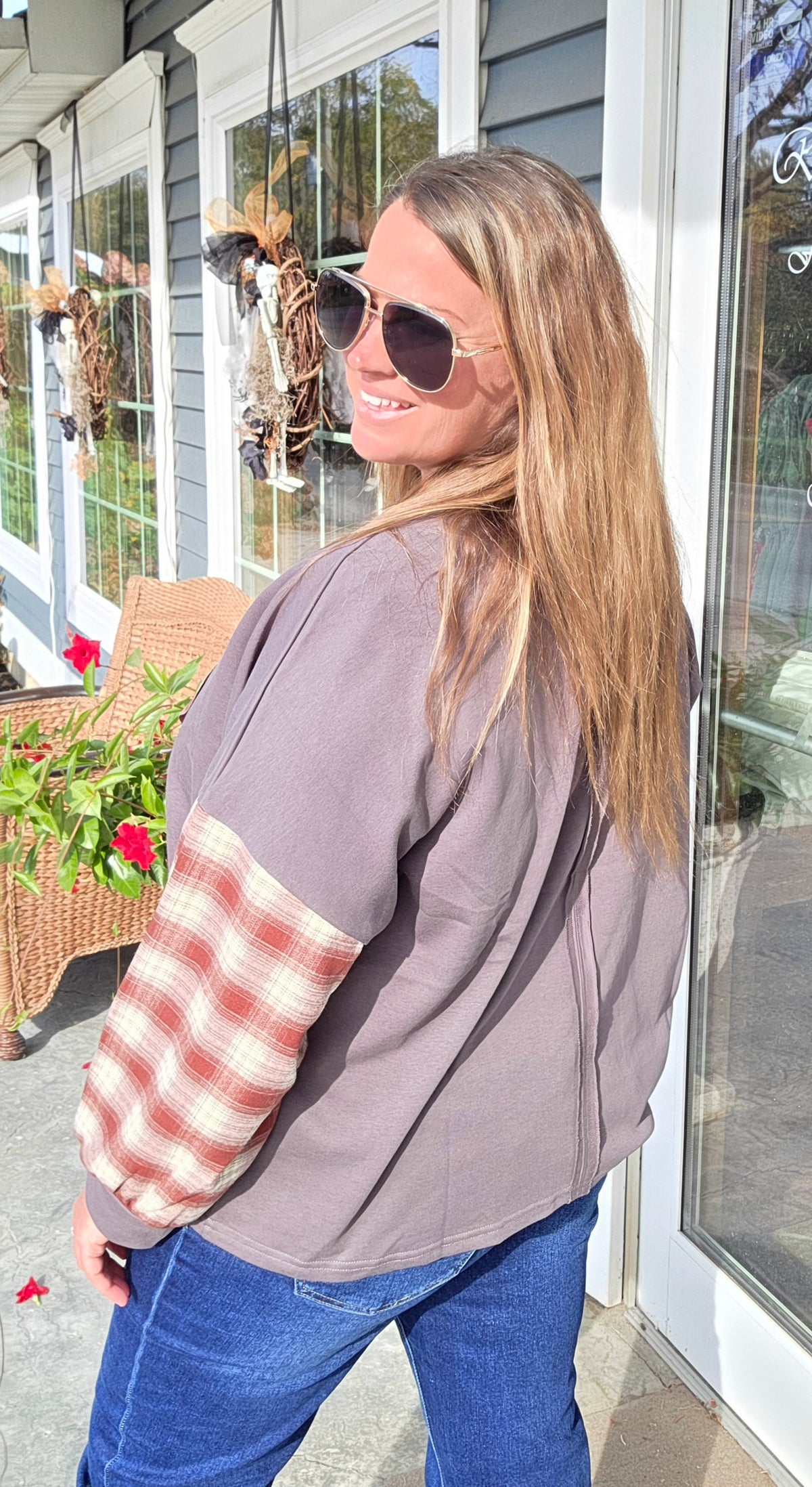 Charcoal Round Neck Bubble Long Sleeve Flower Patches Solid French Terry And Plaid Top