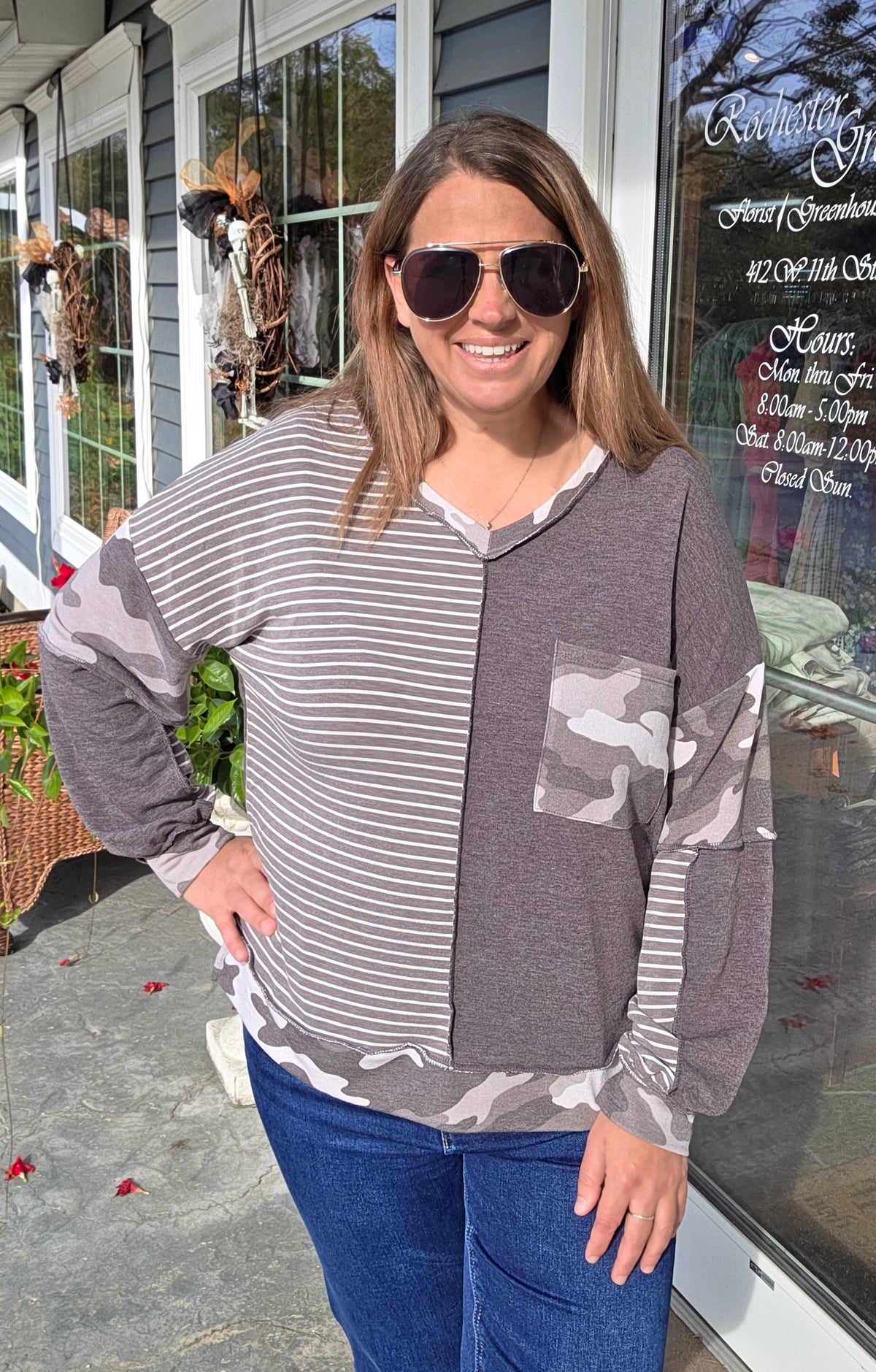 Brown V-Neck Oversized Long Camo Contrast Knit Top