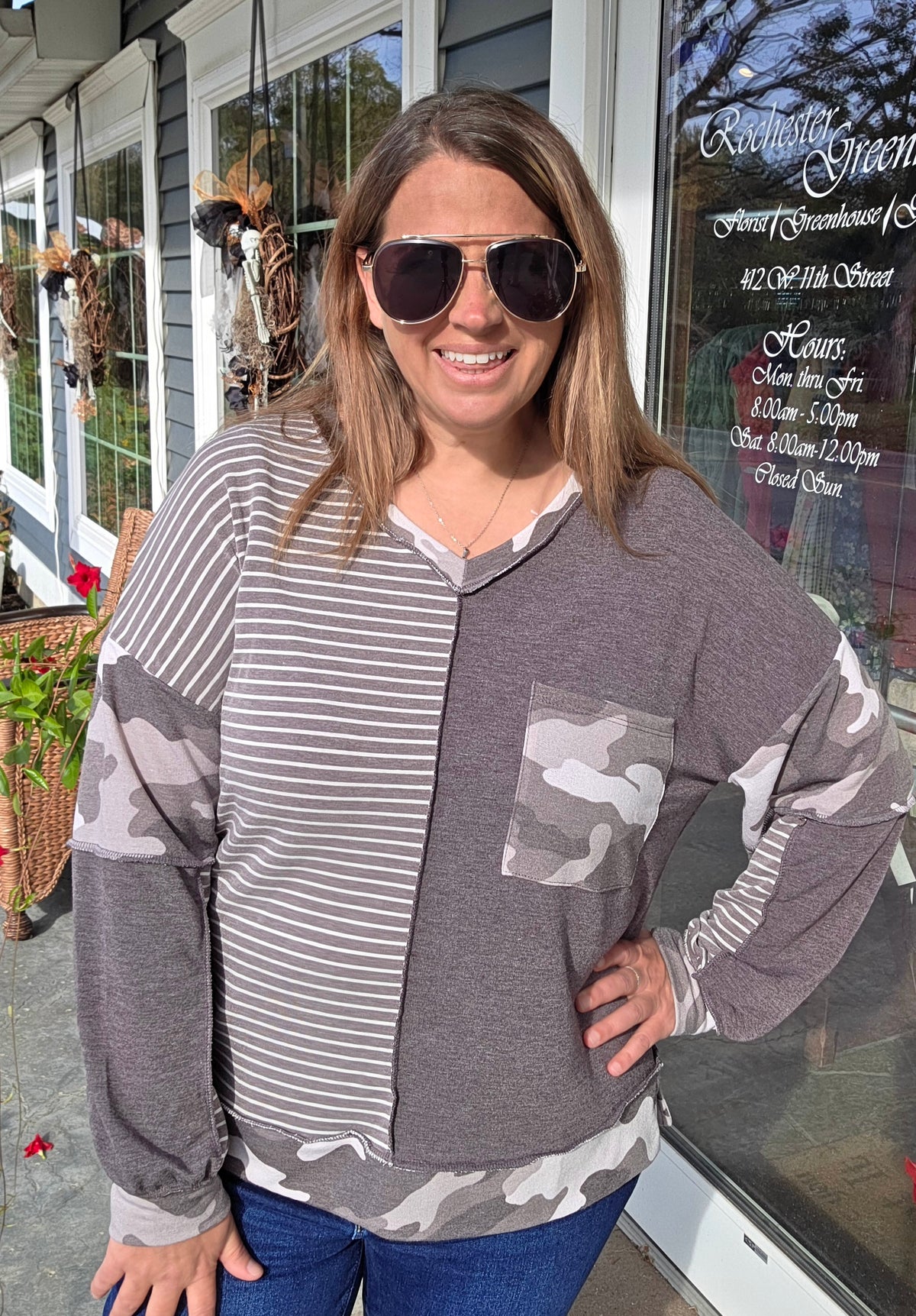 Brown V-Neck Oversized Long Camo Contrast Knit Top