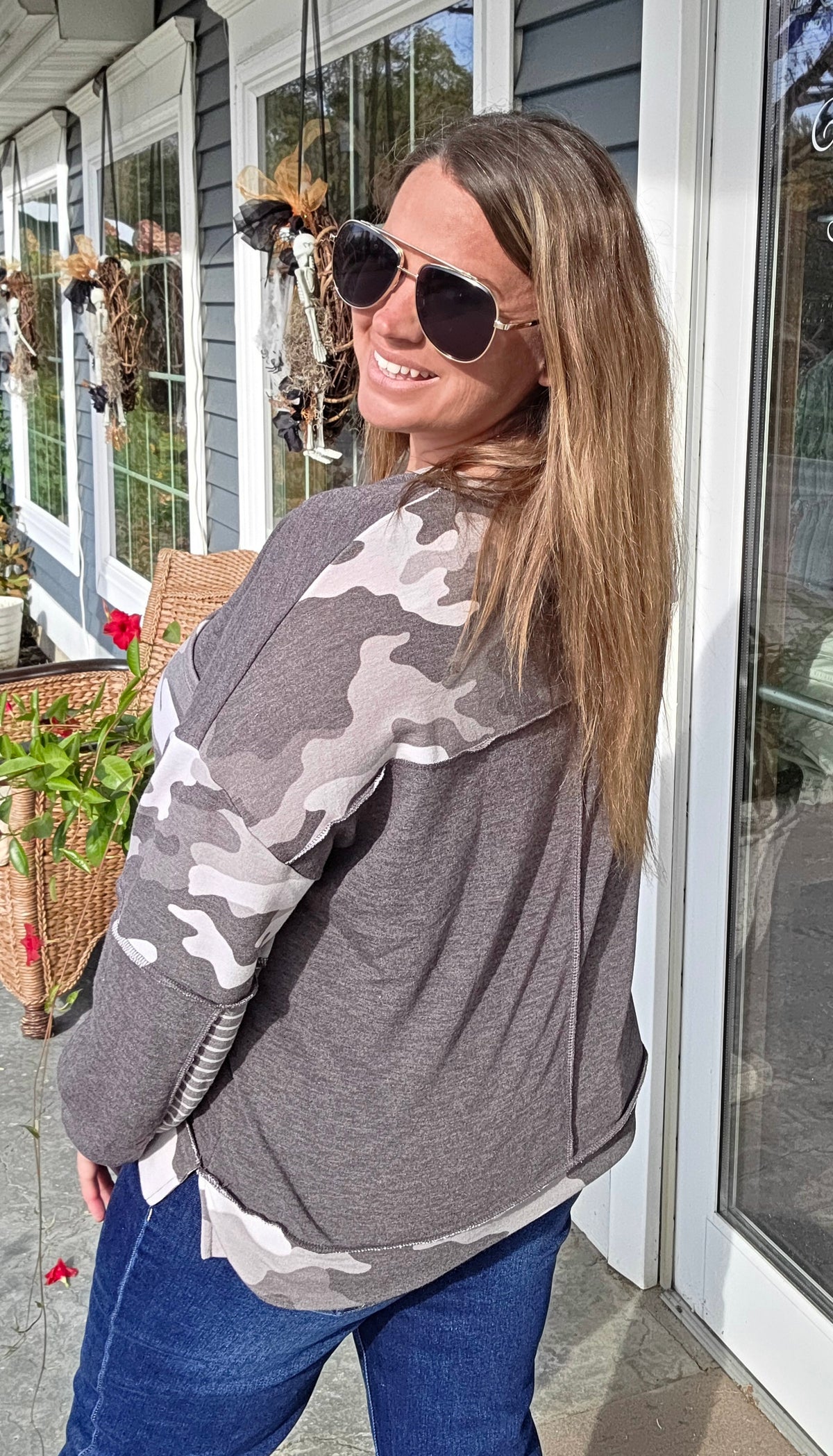 Brown V-Neck Oversized Long Camo Contrast Knit Top