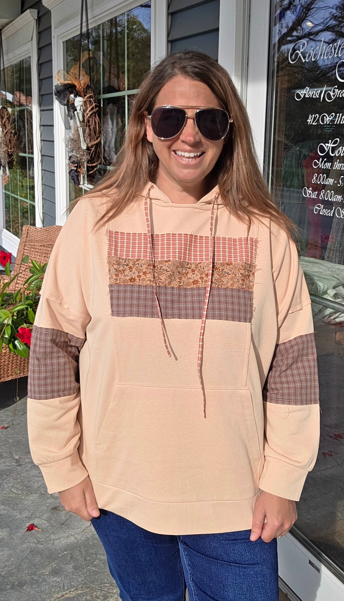 Oatmeal Drop Shoulder Long Sleeve Loose Fit Plaid Check Floral Print Hoodie