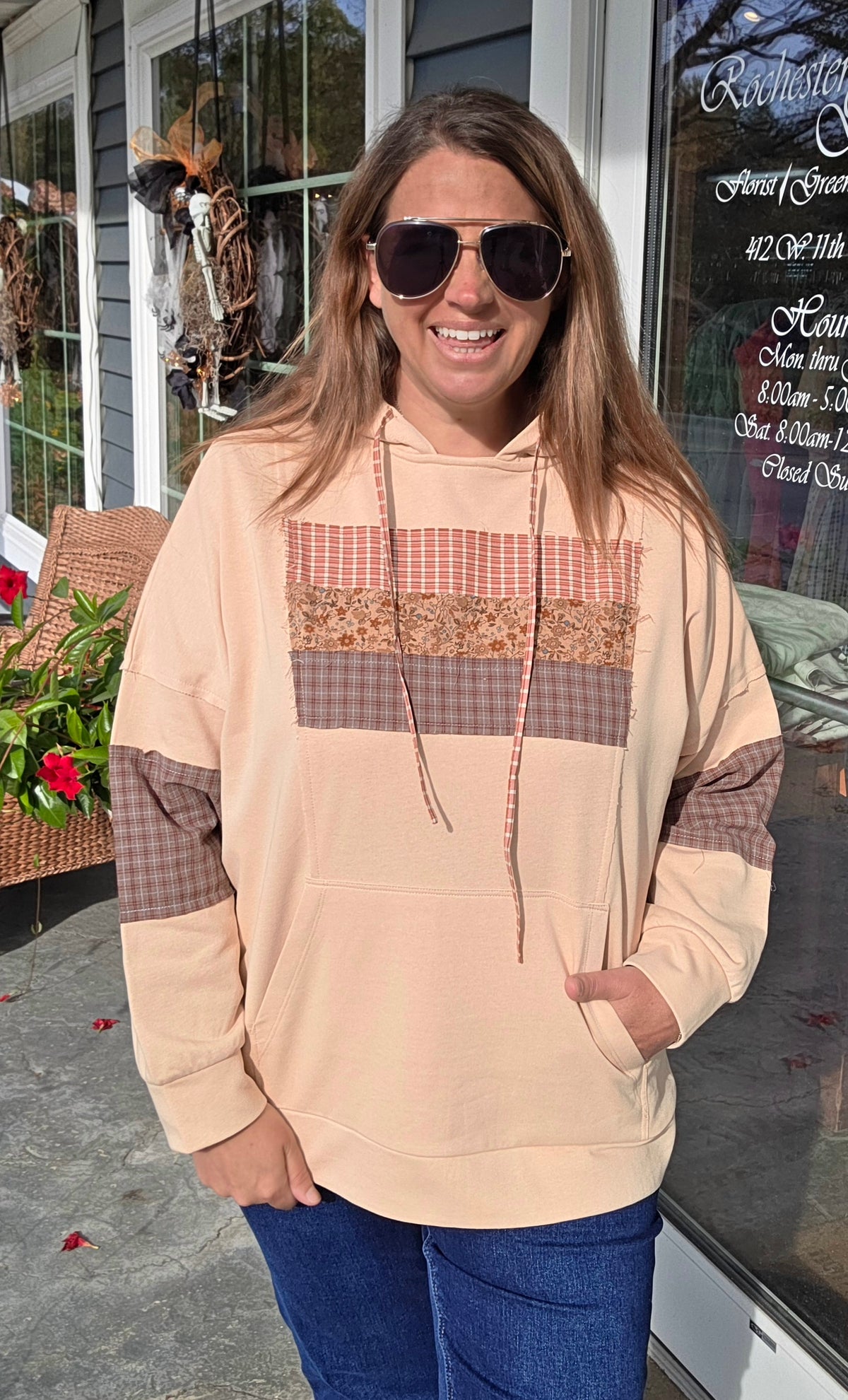 Oatmeal Drop Shoulder Long Sleeve Loose Fit Plaid Check Floral Print Hoodie