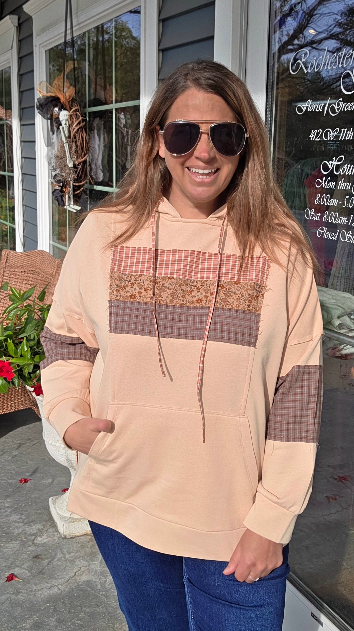 Oatmeal Drop Shoulder Long Sleeve Loose Fit Plaid Check Floral Print Hoodie