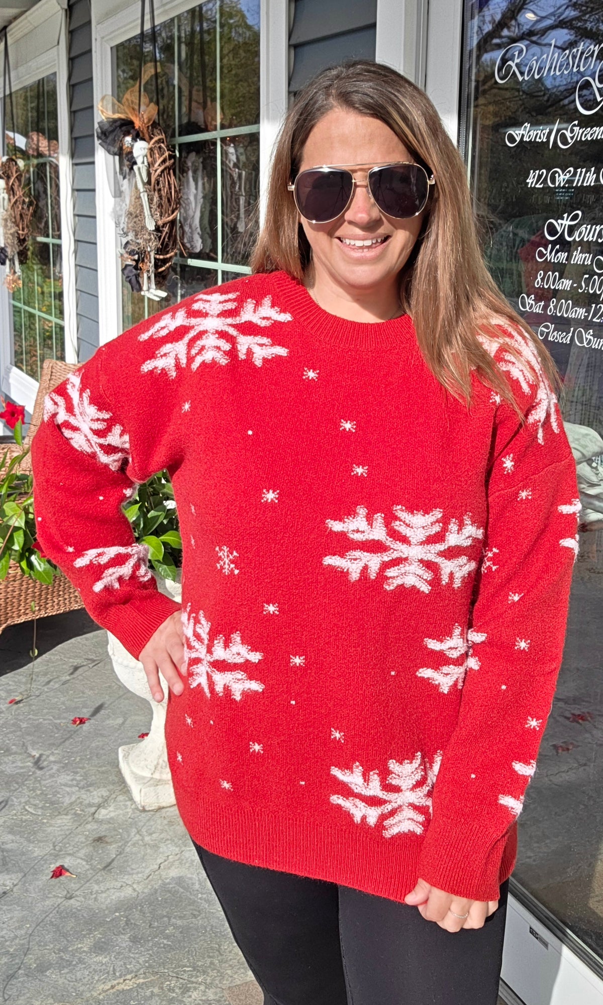 Red Round Neck Long Sleeve Loose Fit Oversized Puffy Snowflake Jacquard Pullover Sweater