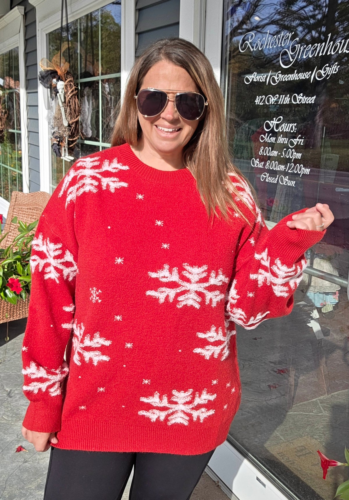 Red Round Neck Long Sleeve Loose Fit Oversized Puffy Snowflake Jacquard Pullover Sweater