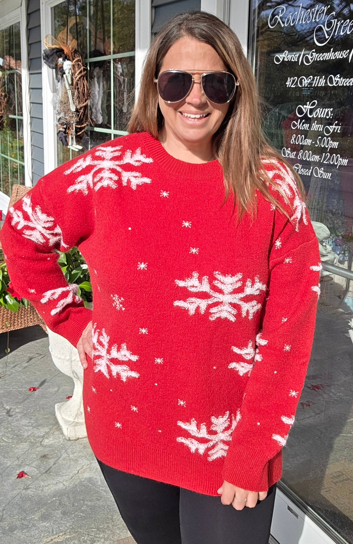 Red Round Neck Long Sleeve Loose Fit Oversized Puffy Snowflake Jacquard Pullover Sweater