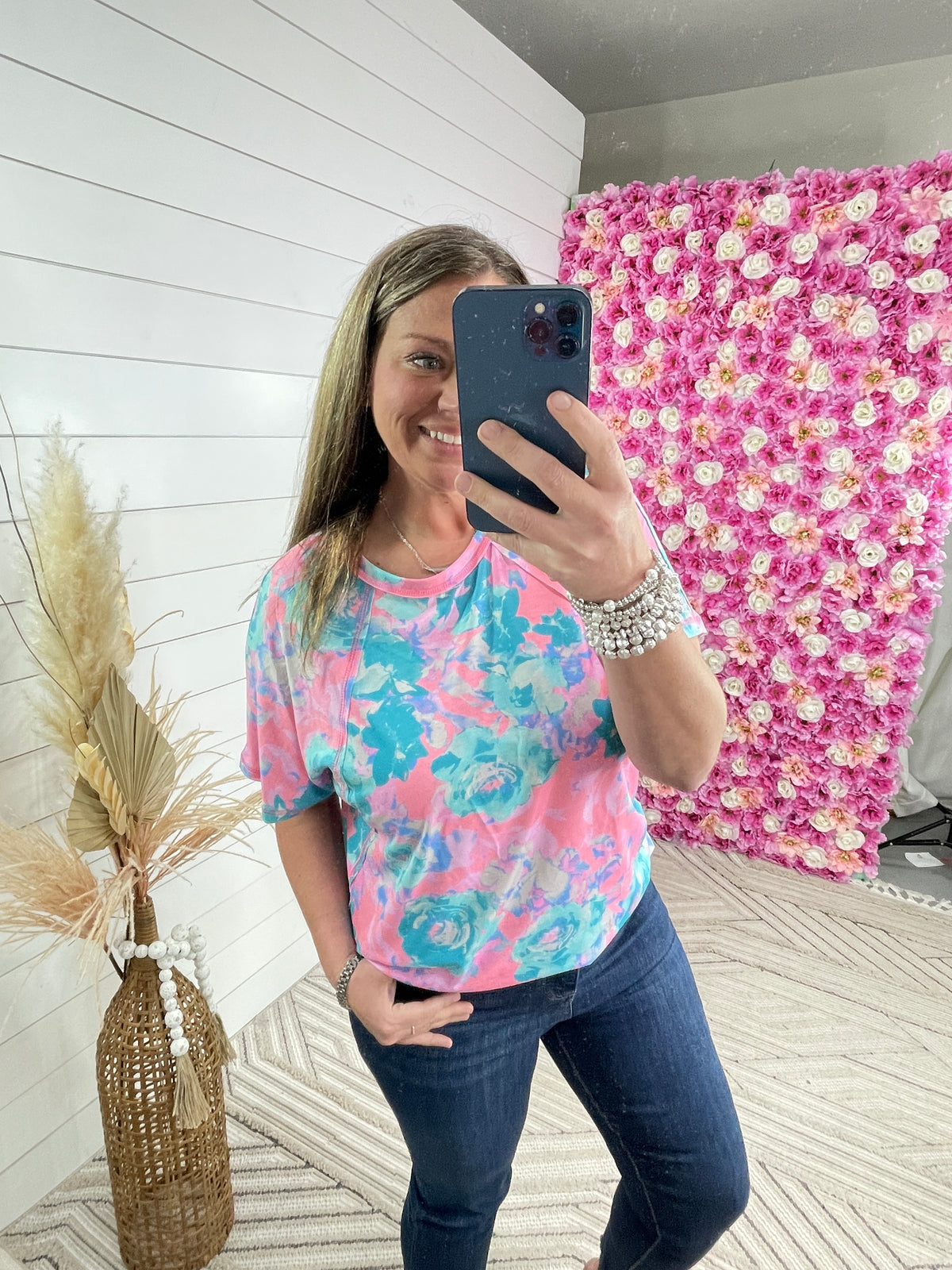 NEON PINK FLORA KNIT TOP