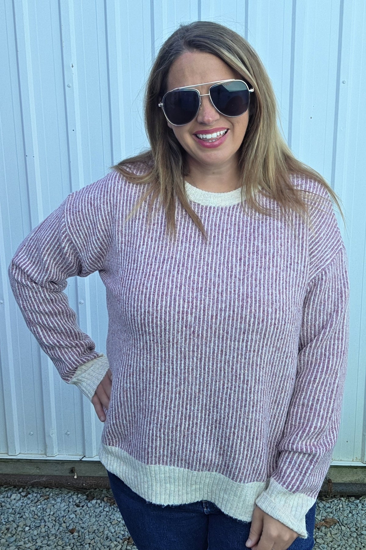 Berry Crew Neck, Long Sleeve, 2Tone Rib Textured Sweater