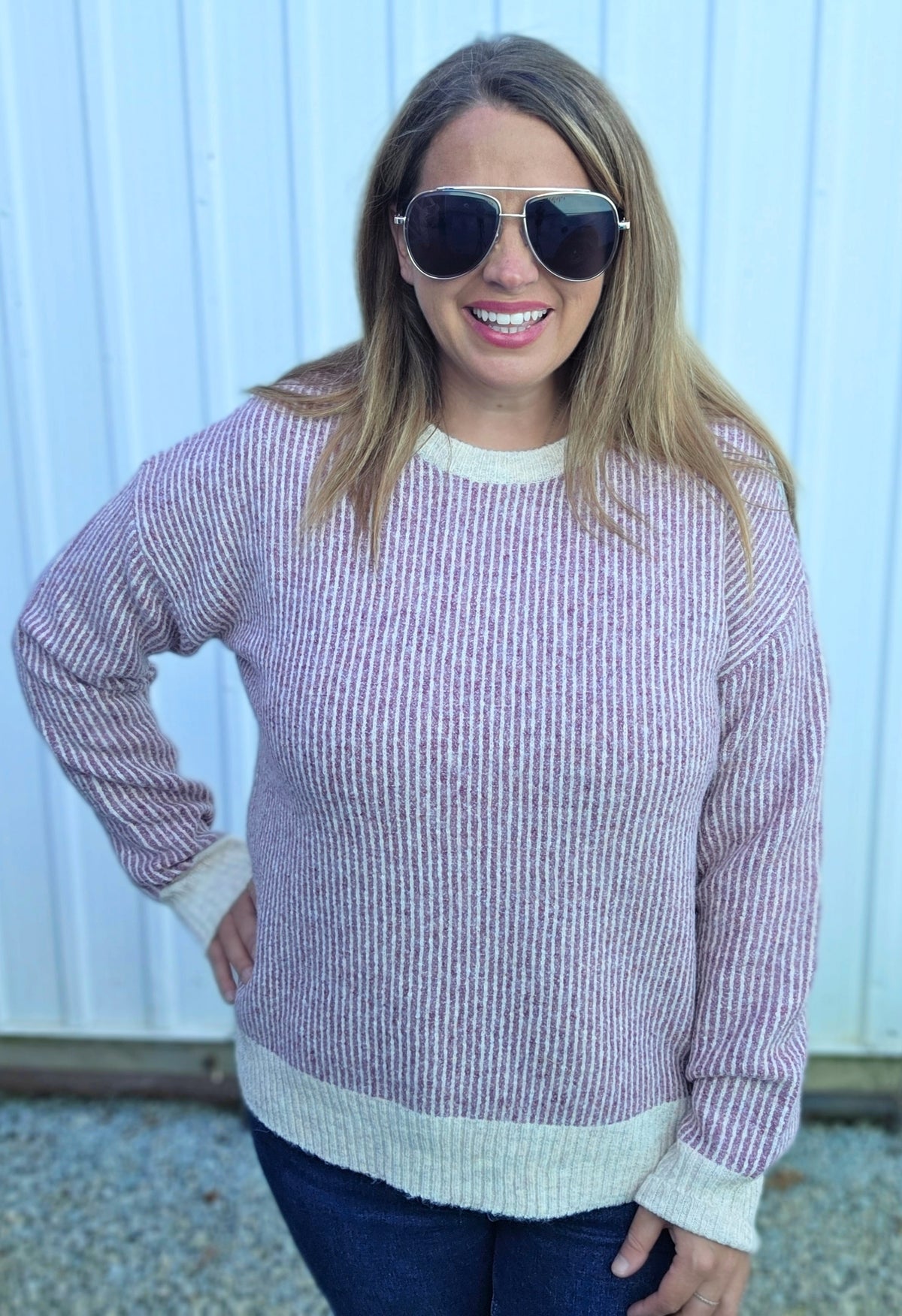 Berry Crew Neck, Long Sleeve, 2Tone Rib Textured Sweater